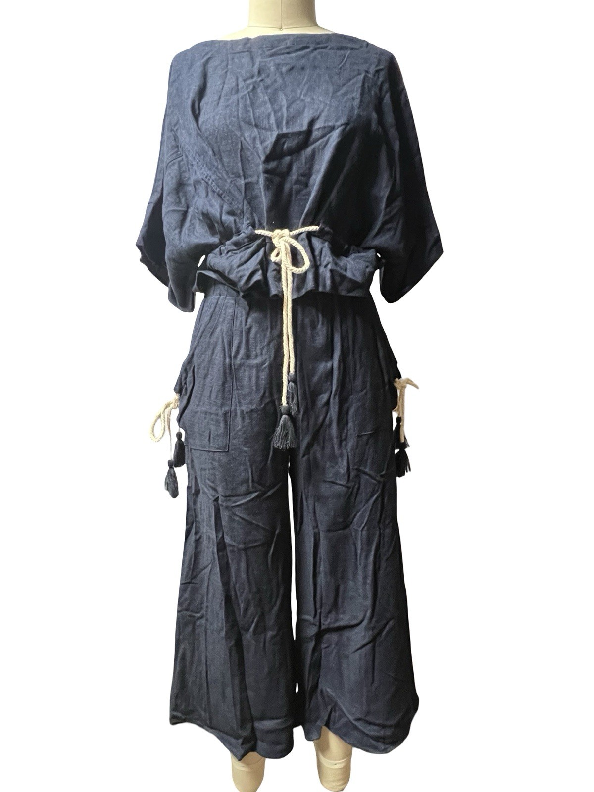 NWT Fate 2 Piece Navy Blue Wide Leg Linen Casual Resort Flowy Top & Bottom Set S NWT Fate 2 Piece Navy Blue Wide Leg Linen Casual Resort Flowy Top & Bottom Set S
