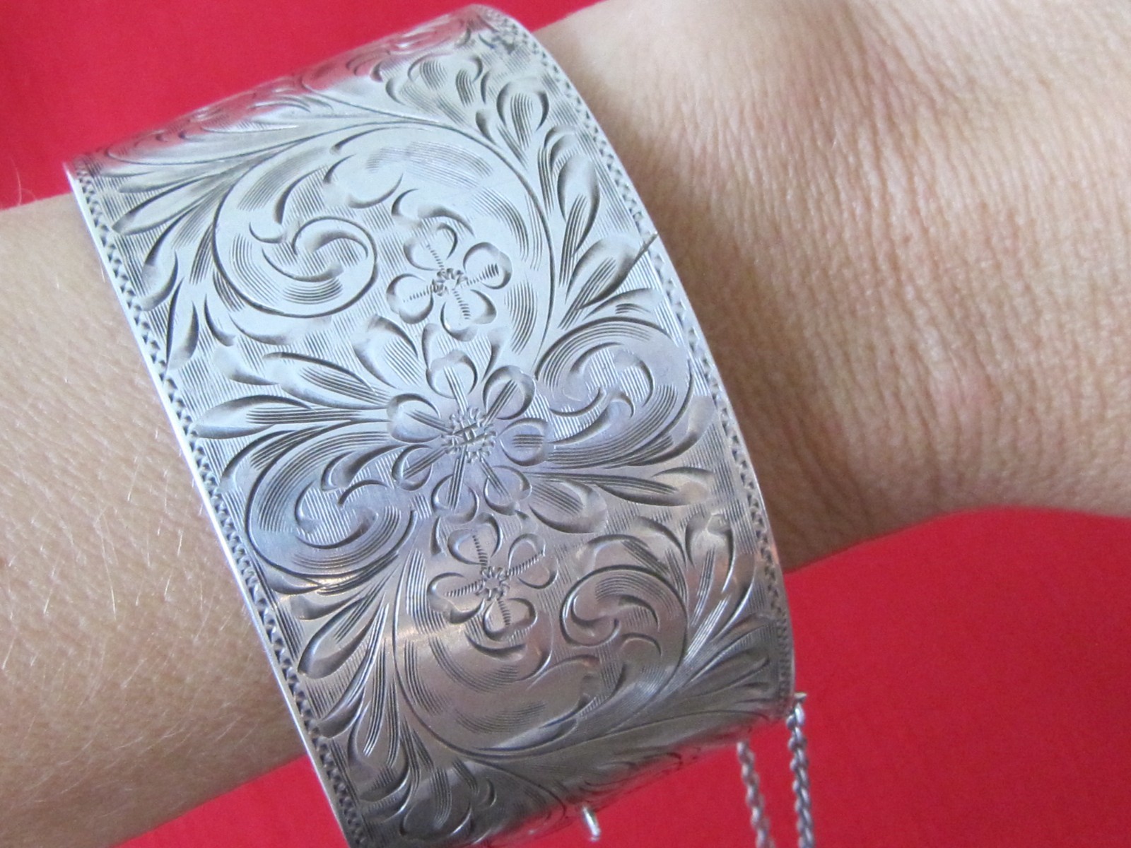 Antique Victorian WIDE Hand Etched Flower Floral Sterling by WRJ Bracelet 65g