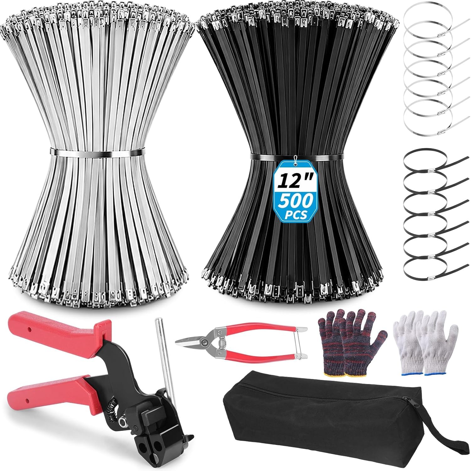 500PCS Metal Zip Ties, 12 Inch, Multi-Purpose, Self-Locking, Tool Set
