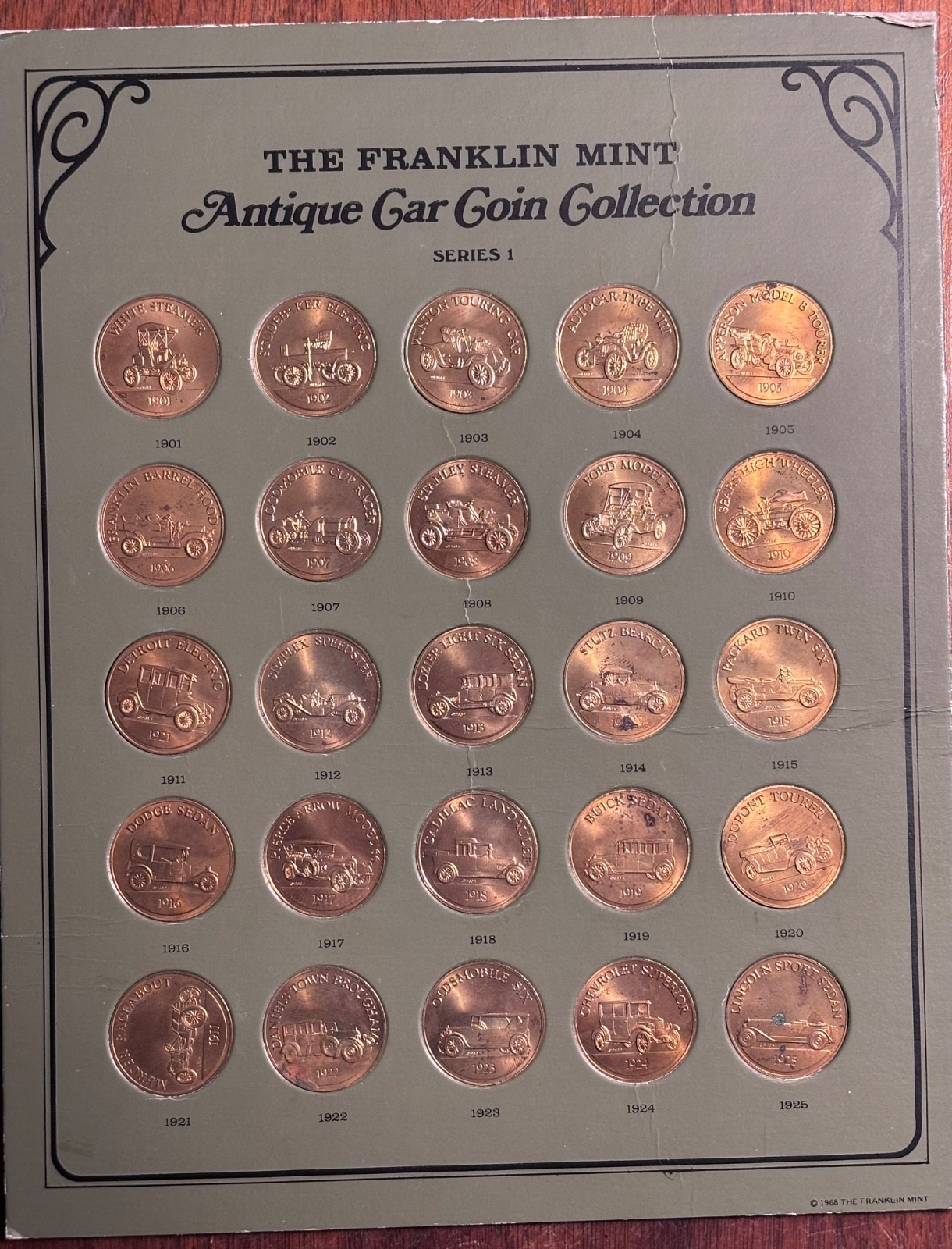 1968 The Franklin Mint Collection Of Antique Car Coins With Booklet Series 1