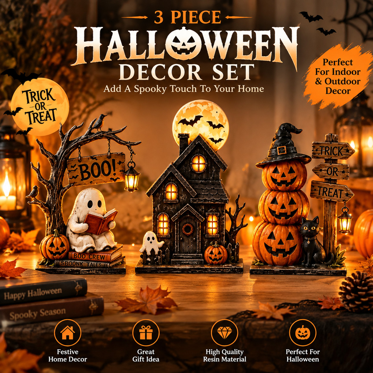 3pc Halloween Decor Set Haunted House Ghost Pumpkin Tabletop Statue Centerpiece