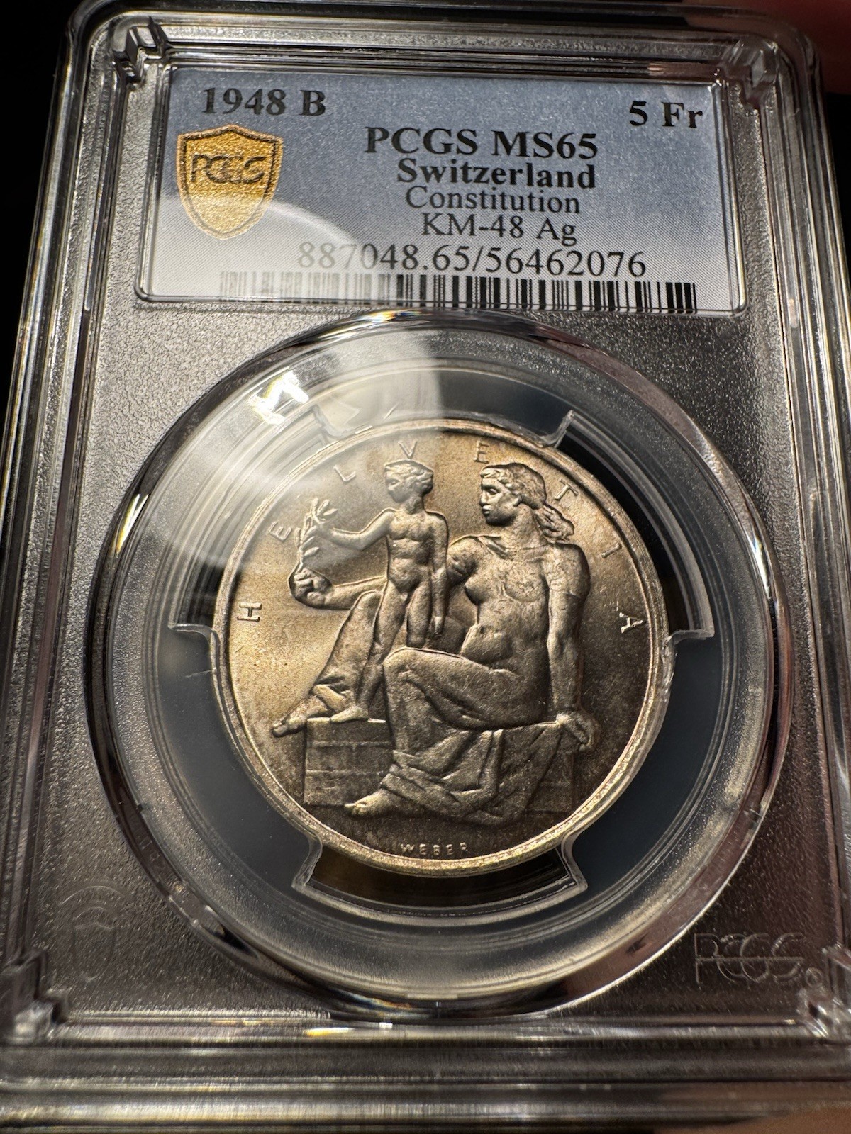 Switzerland 1948 Silver 5 Francs PCGS MS65 Gem, 100th Anniv. Constitution