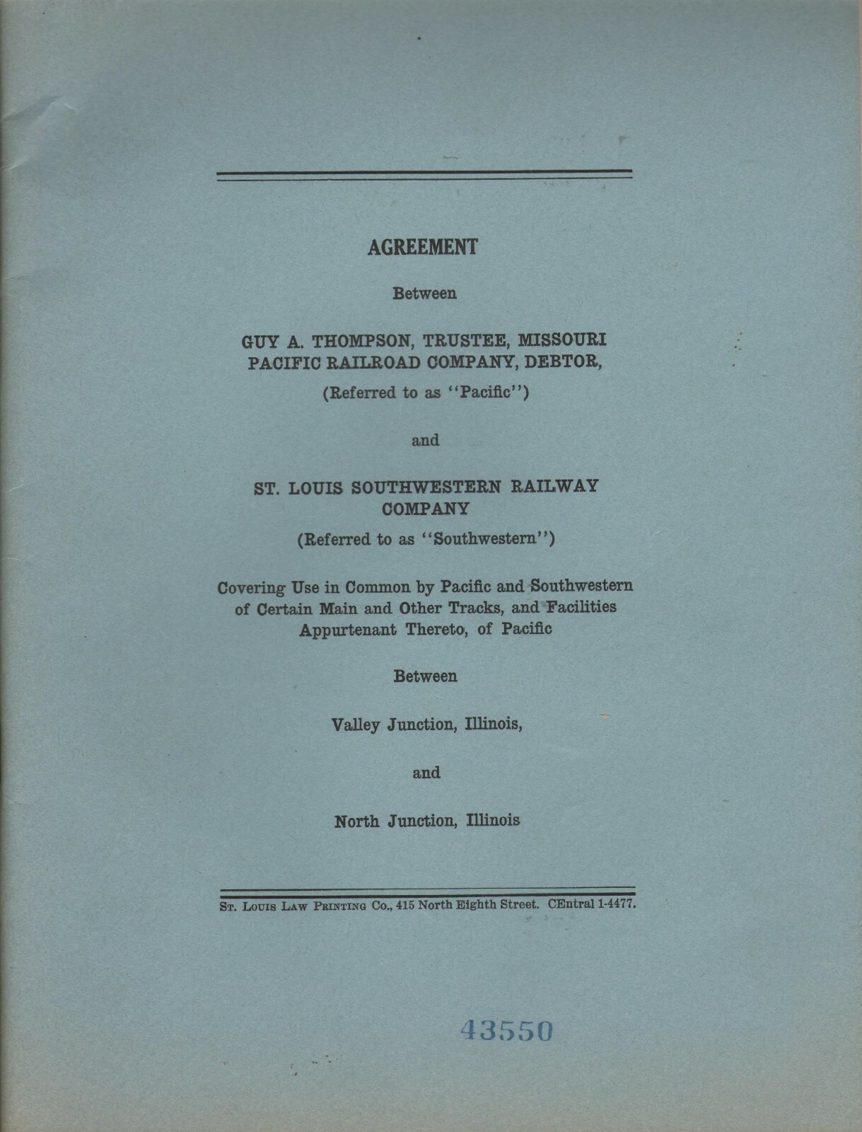 VINTAGE AGREEMENT BETWEEN PACIFIC RAILROAD AND ST. LOUIS SOUTHWESTERN RAILWAY 