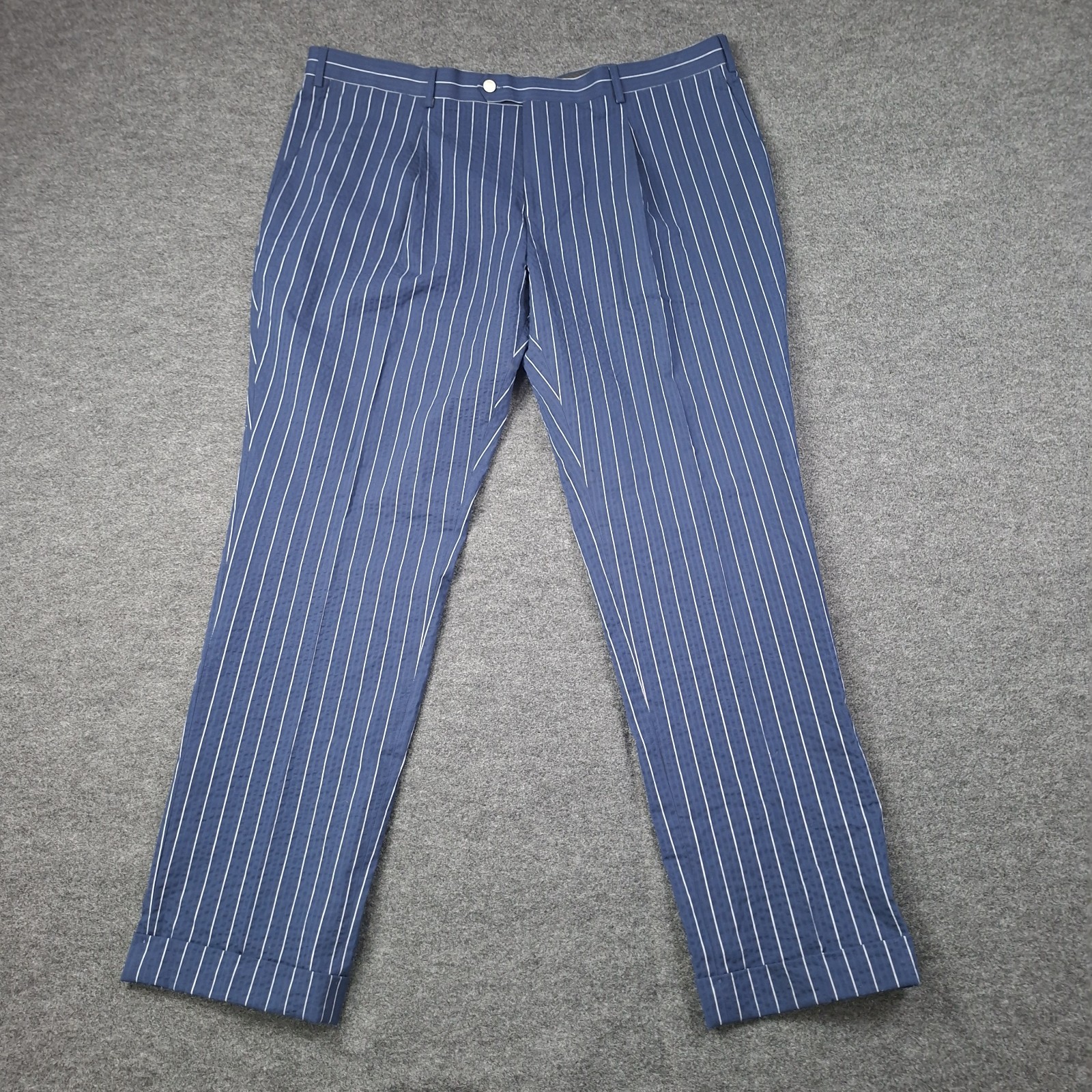 NEW Paul Fredrick Seersucker Pants 44x34 Blue Stripe Pleated Cuffed Trousers