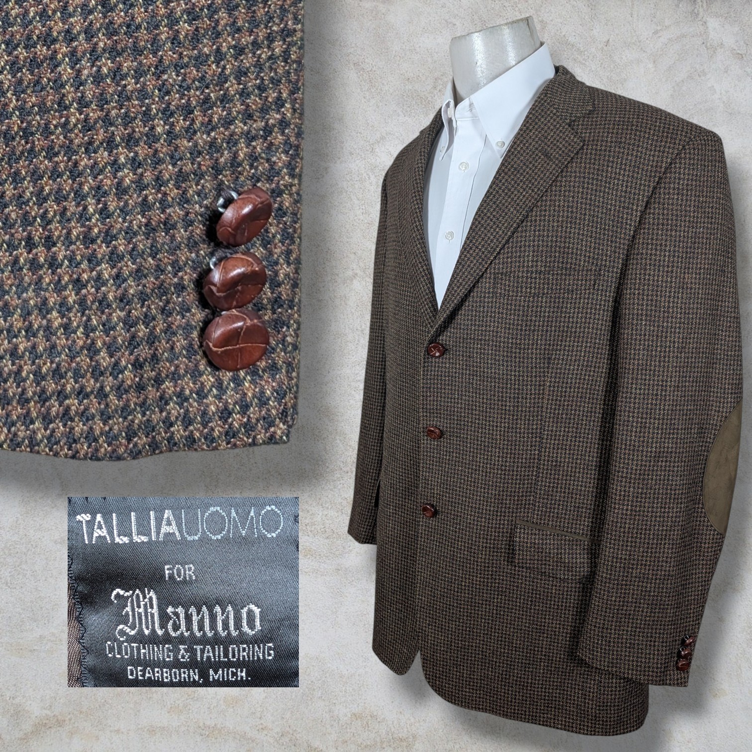 Tallia Uomo Manno Sport Coat Blazer Mens 46L Brown Houndstooth Elbow Patch Tweed Tallia Uomo Manno Sport Coat Blazer Mens 46L Brown Houndstooth Elbow Patch Tweed