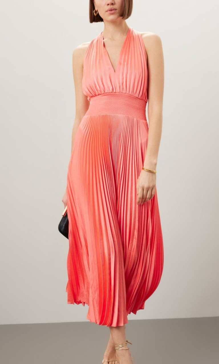 ALC A.L.C. Rose Midi Pleated Dress Coral Orange Plunge Neck Size 2