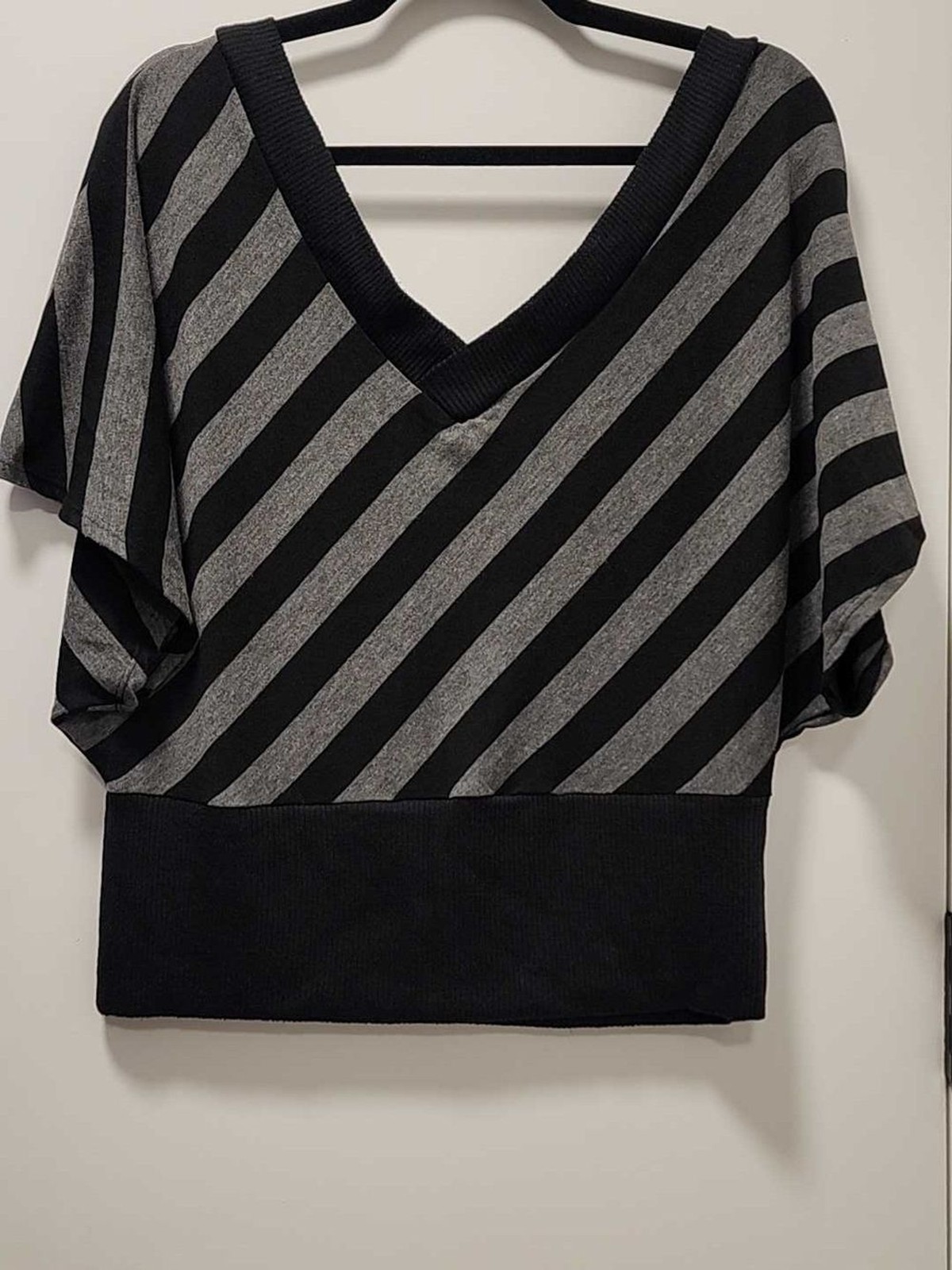 Striped V-Neck Dolman Sweatshirt - Black & Gray Size - 3X Striped V-Neck Dolman Sweatshirt - Black & Gray Size - 3X