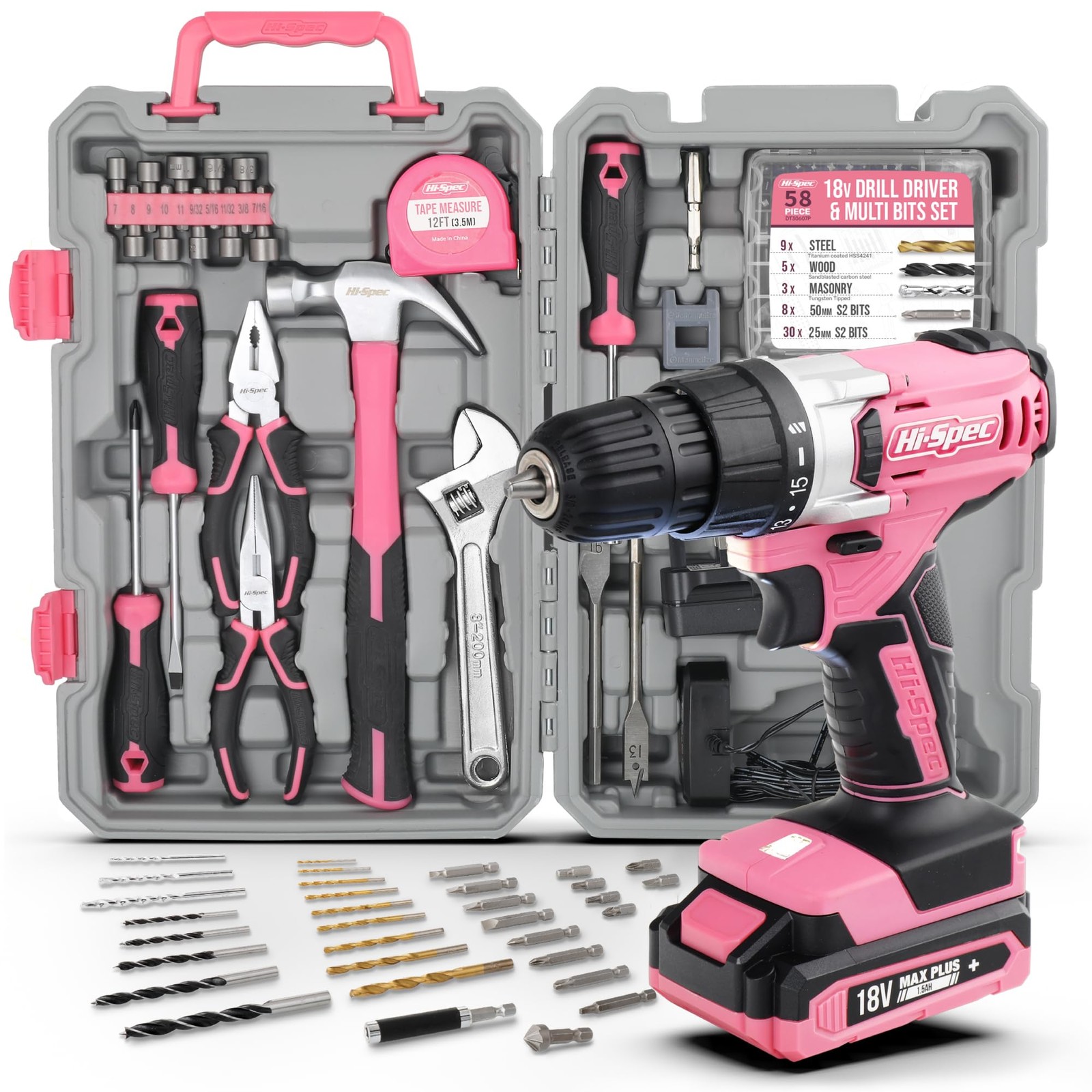 Hi-Spec DT30335P 18V Cordless Drill Tool Set, Pink
