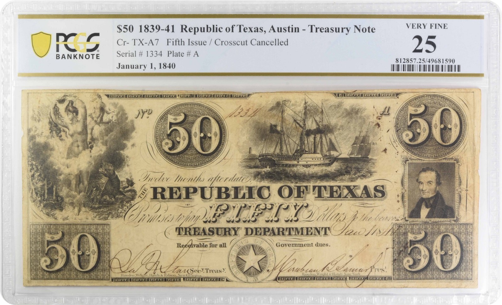 $50 1839-41 Republic of Texas, Austin A7 Crosscut Cancelled VF25 PCGS #318