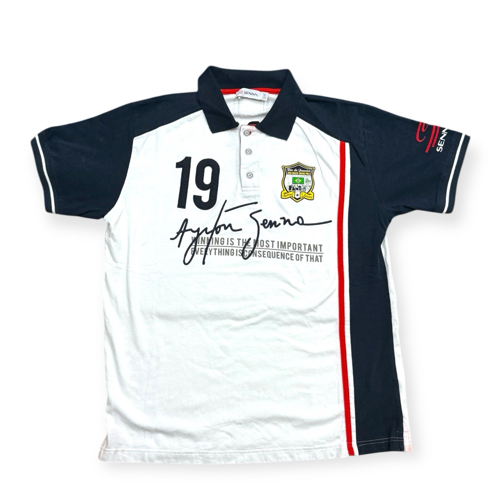 Vintage Ayrton Senna 1984 Brazil Mens Logo Polo Shirt size XL white Vintage Ayrton Senna 1984 Brazil Mens Logo Polo Shirt size XL white