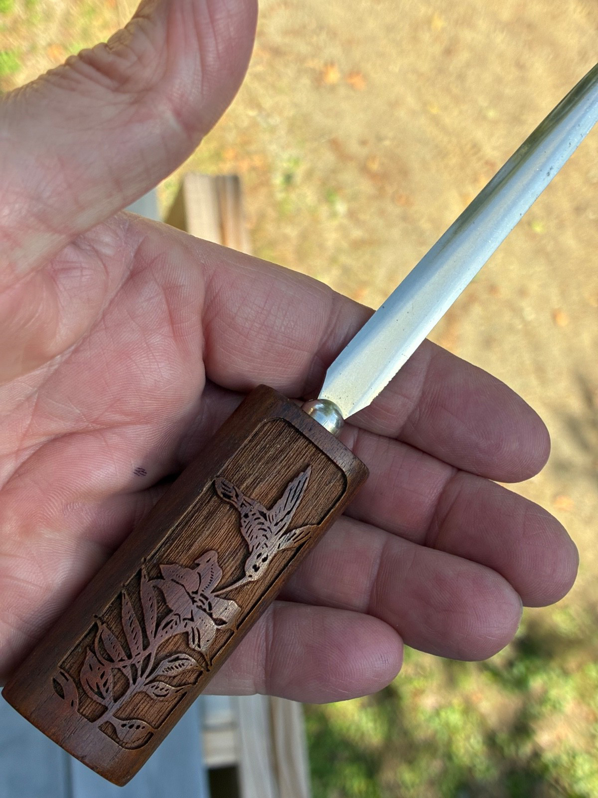 Vintage 7 1/4” Long Steel Letter Opener With Carved Humming Bird Wood Handle