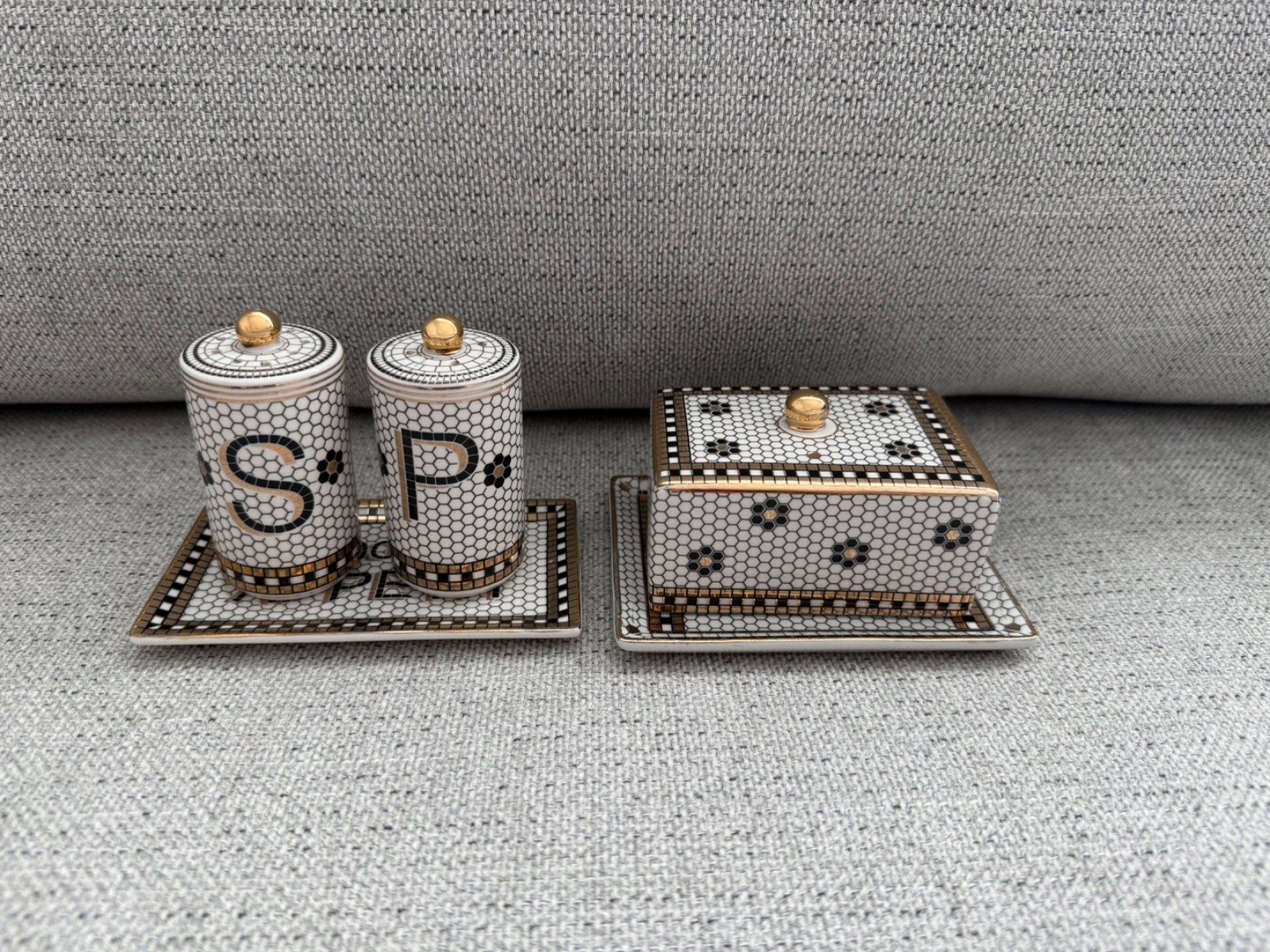 ANTHROPOLOGIE BISTRO TILE MOSAIC Salt, Pepper Shakers & Small Butter Dish