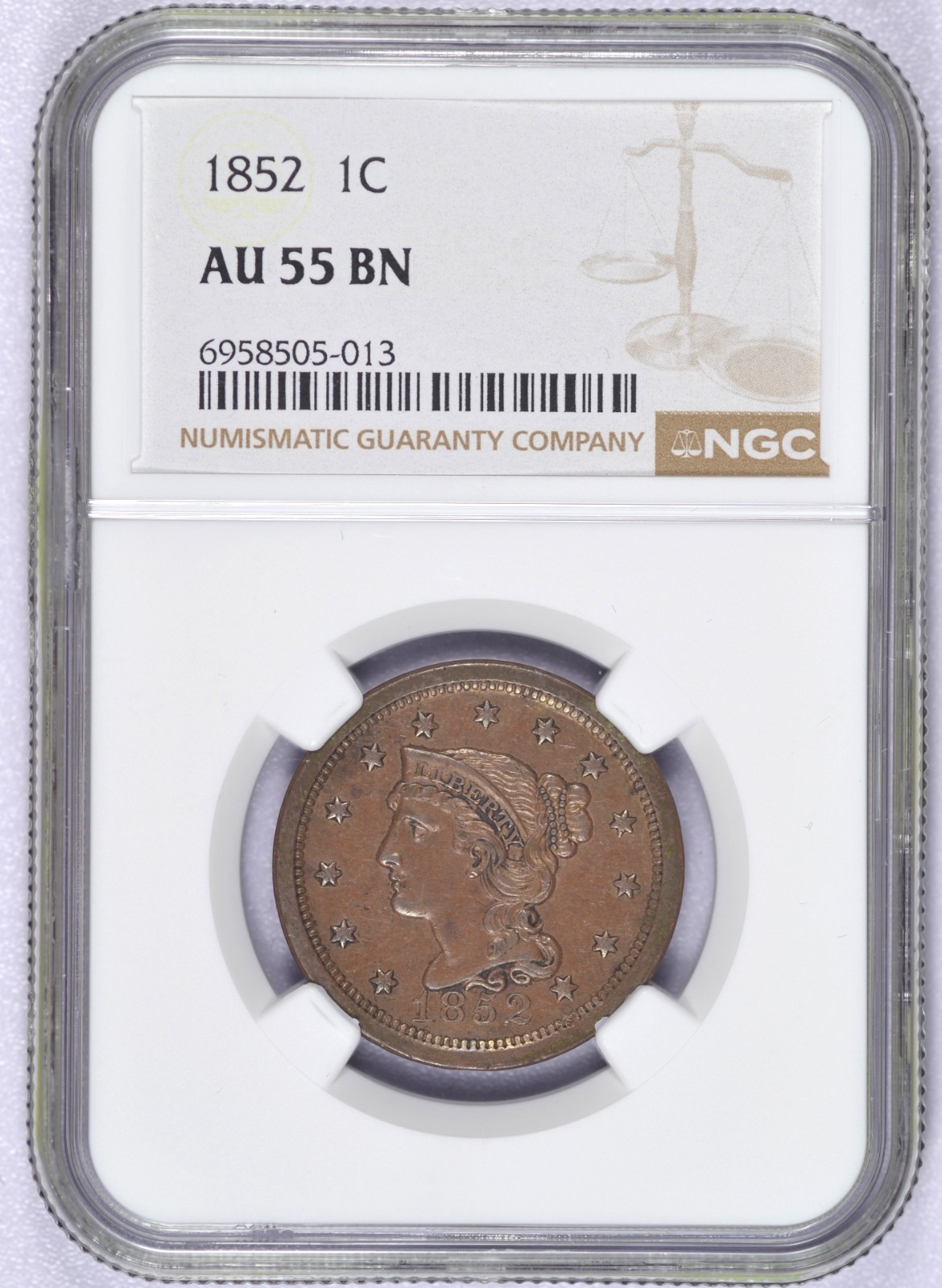 1852 BRAIDED HAIR LARGE CENT NGC AU55 FRESH ORIGINAL