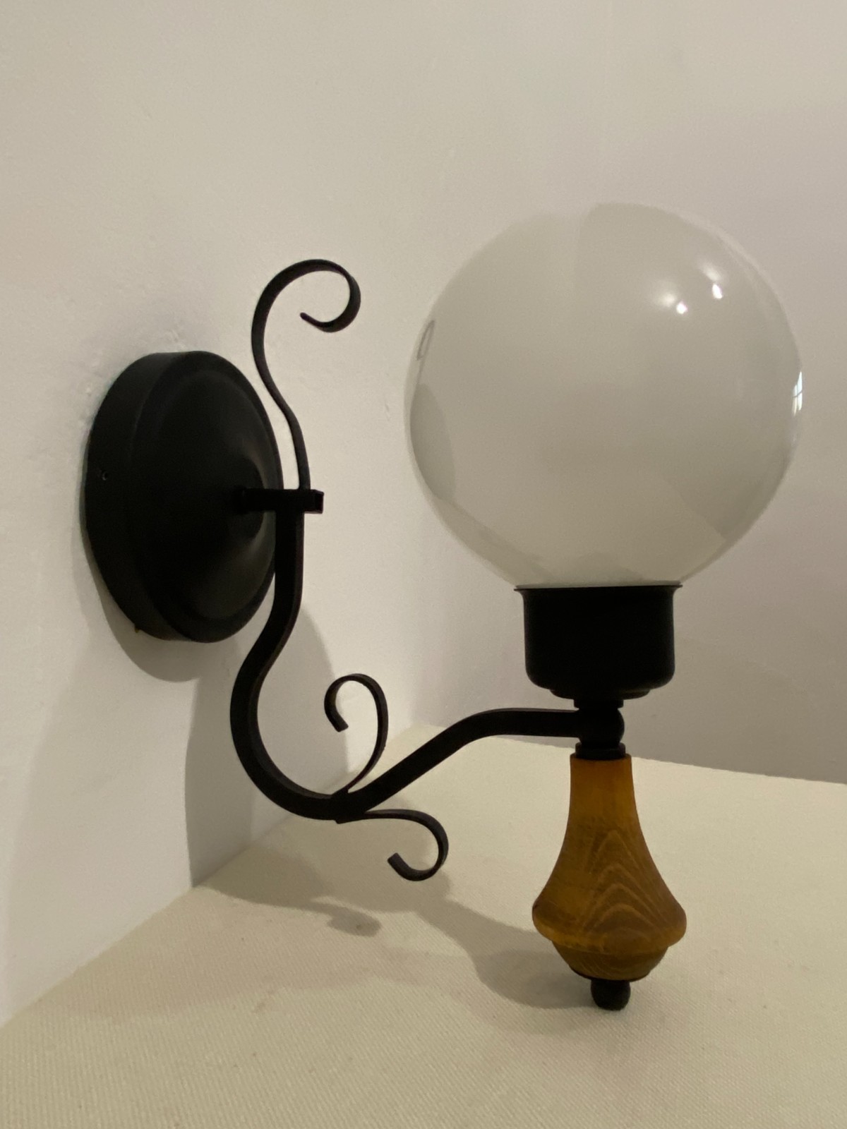 Vintage 1970s Opal Glass Globe Wall Sconce Black Metal Wood MCM Light Lamp