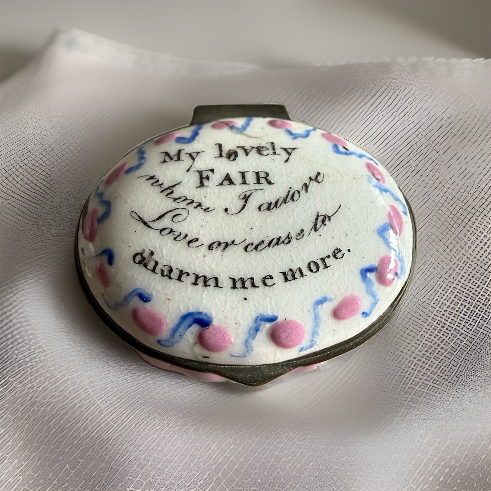 Antique Georgian Bilston Enamel Patch Box “My Lovely Fair” C 1790