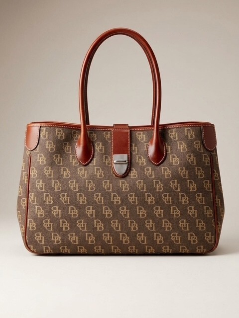 Dooney & Bourke Brown Monogram Tote Bag with Leather Trim Dooney & Bourke Brown Monogram Tote Bag with Leather Trim
