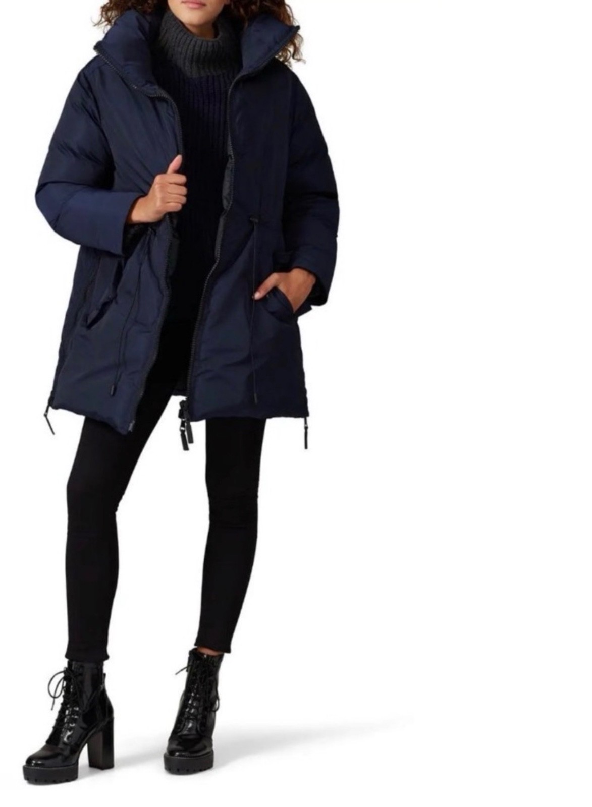 NWT CLUB MONACO Waist Drawstring Navy Trapeze Puffer Coat Jacket Size CS $150