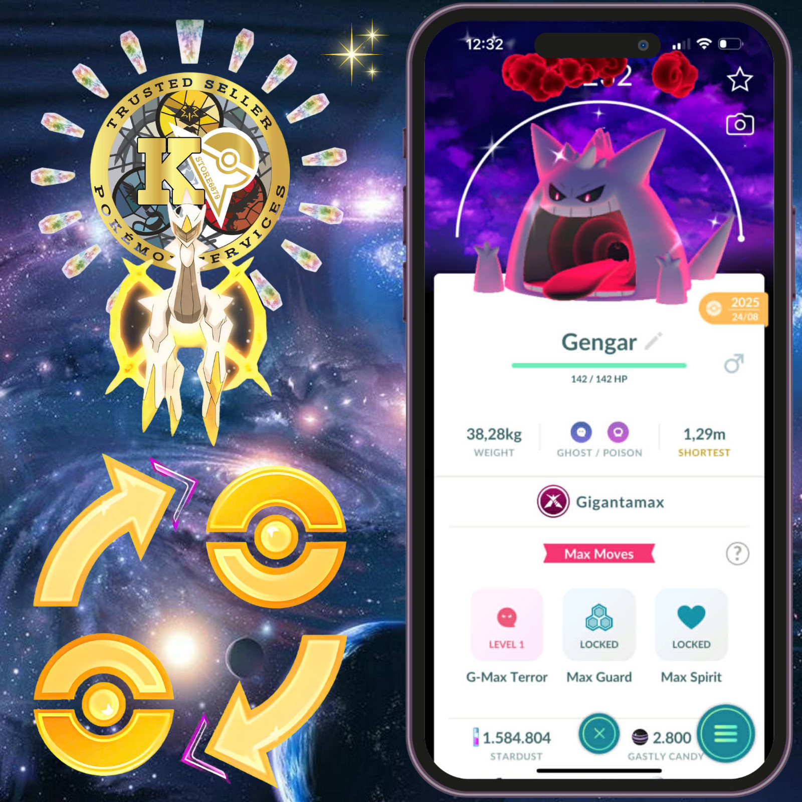 Pokémon TRADE—GO— Shiny Gigantamax Gengar—Level 50—Dark Skies Background—Digital