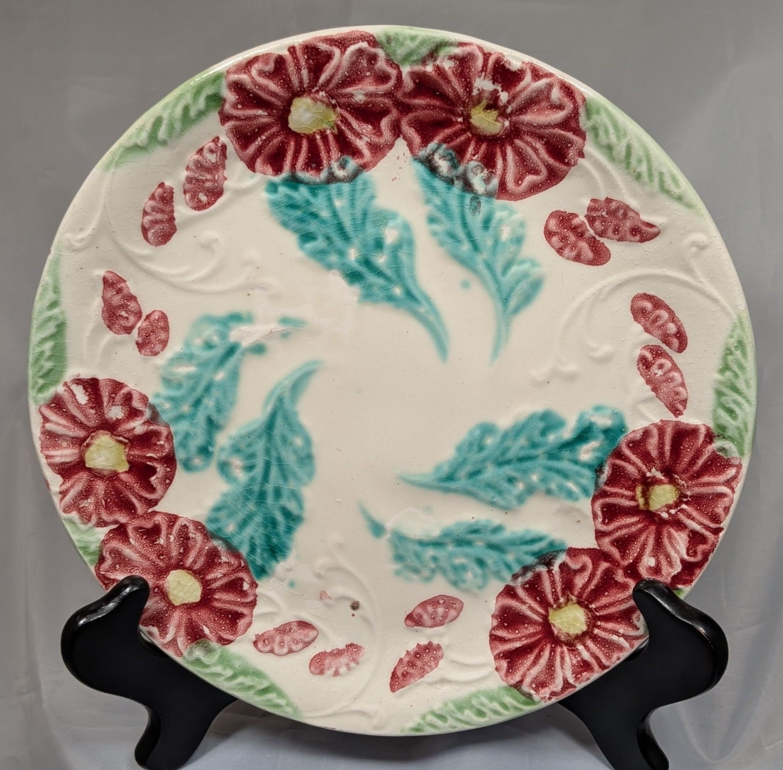 Antique Barbotine Majolica Salins-les-Bains France Flowers & Leaves Plate 8.25”