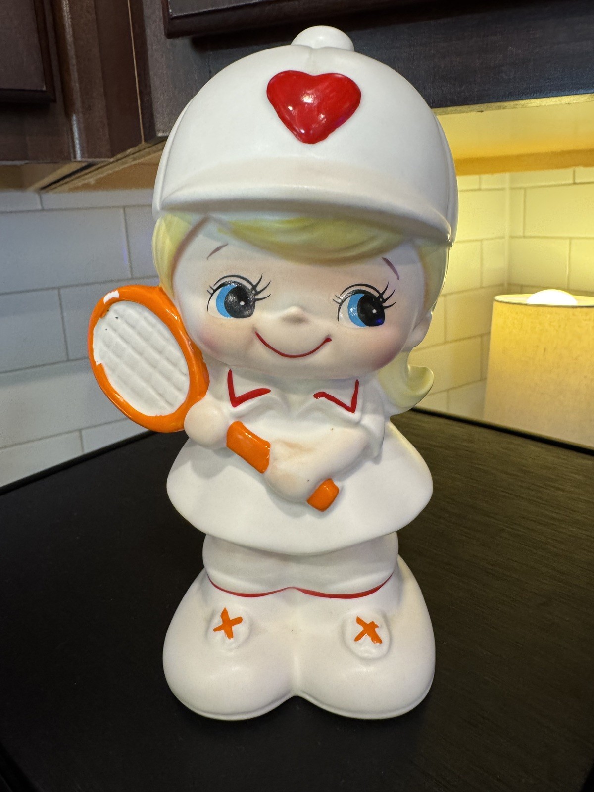 1980s Tennis Girl Coin Bank Red Heart On Hat Ceramic Vintage 7.5” Japan 1980s Tennis Girl Coin Bank Red Heart On Hat Ceramic Vintage 7.5” Japan