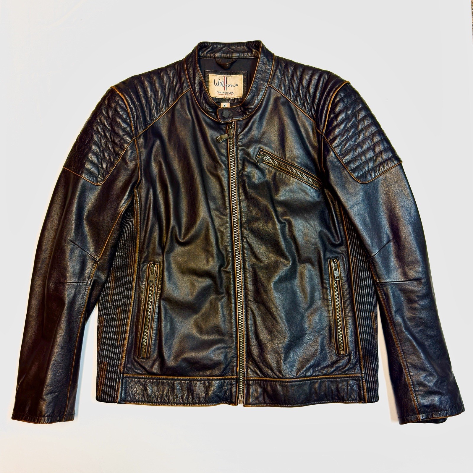 Vintage Cafe Racer Leather Jacket Wilson XL Brown Elbow Patches