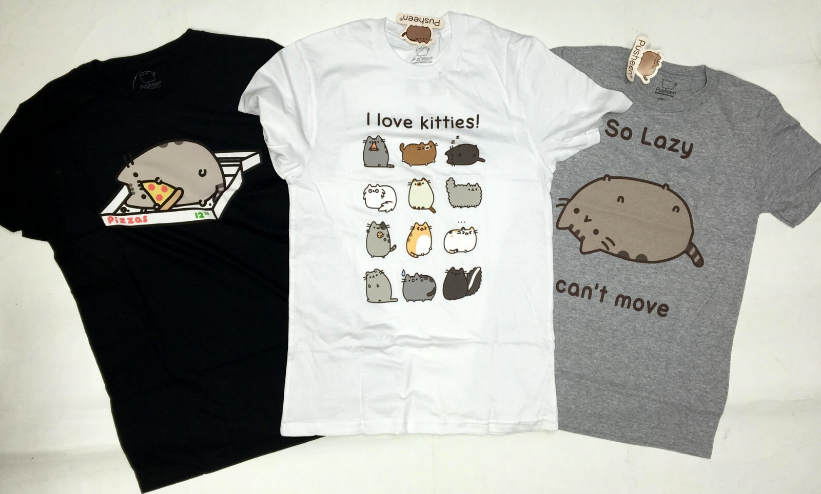 Pusheen The Cat 3 Shirt Bundle SO LAZY - PIZZA BOX - I LOVE KITTIES T-Shirt NWT 