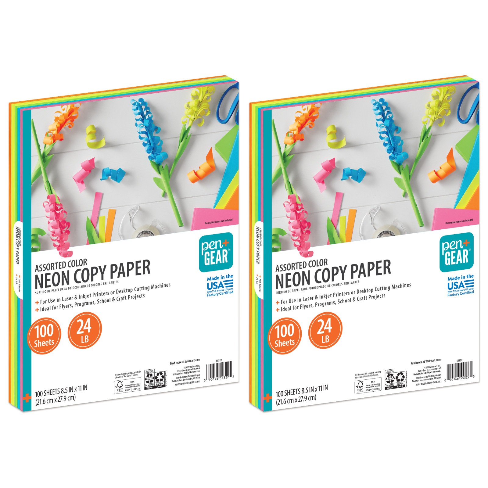 Pen+Gear Assorted Neon Copy Paper 8.5 x 11 24 lb 2-Pack 200 Sheets