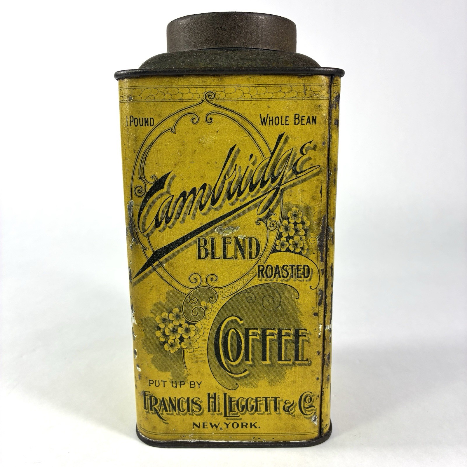 Antique 1800s Cambridge 1lb Advertising Coffee Yellow Litho Tin Leggett Co. NY