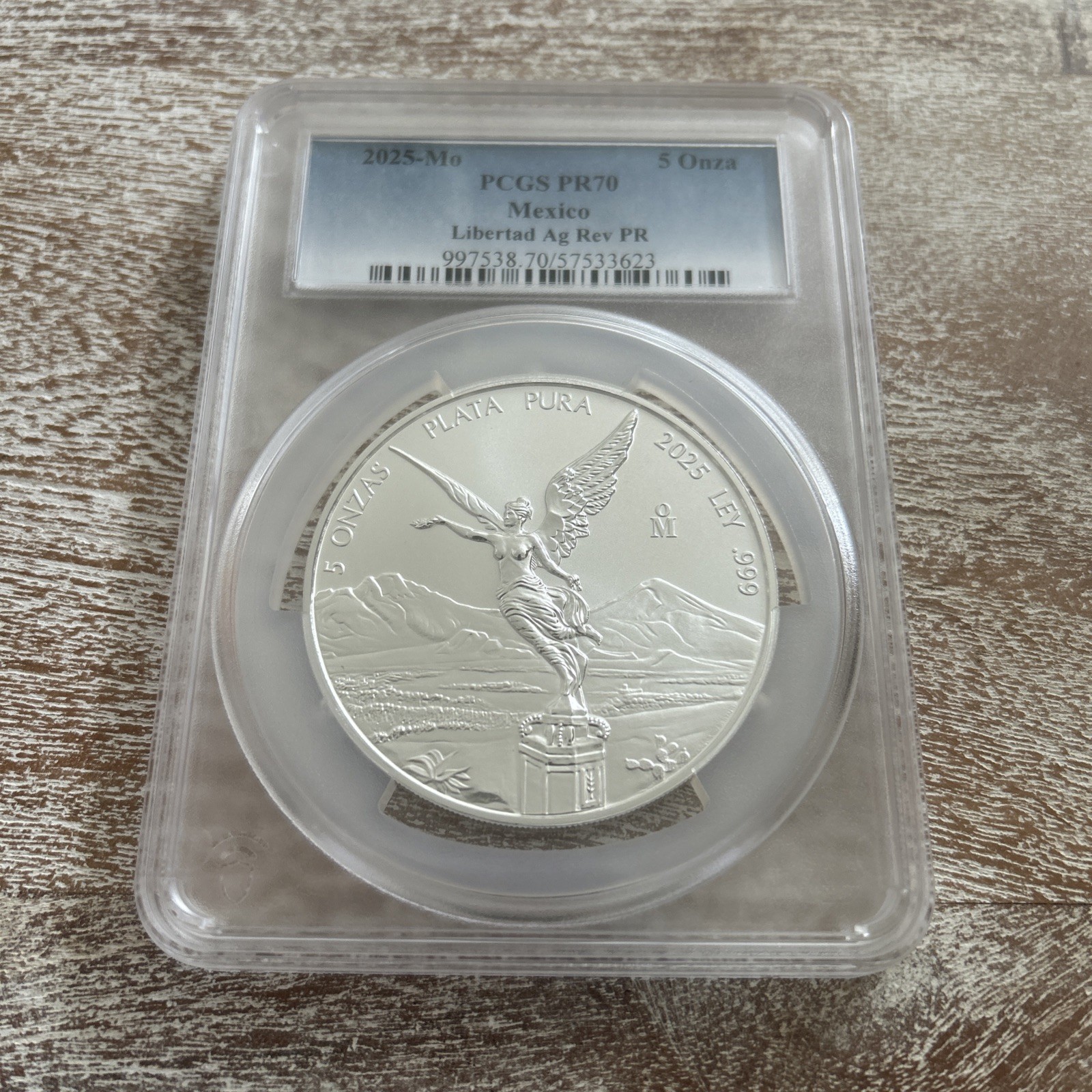 2025-Mo Mexico Libertad Silver 5 Oz. 5 Onza Reverse Proof Coin PCGS PR70.