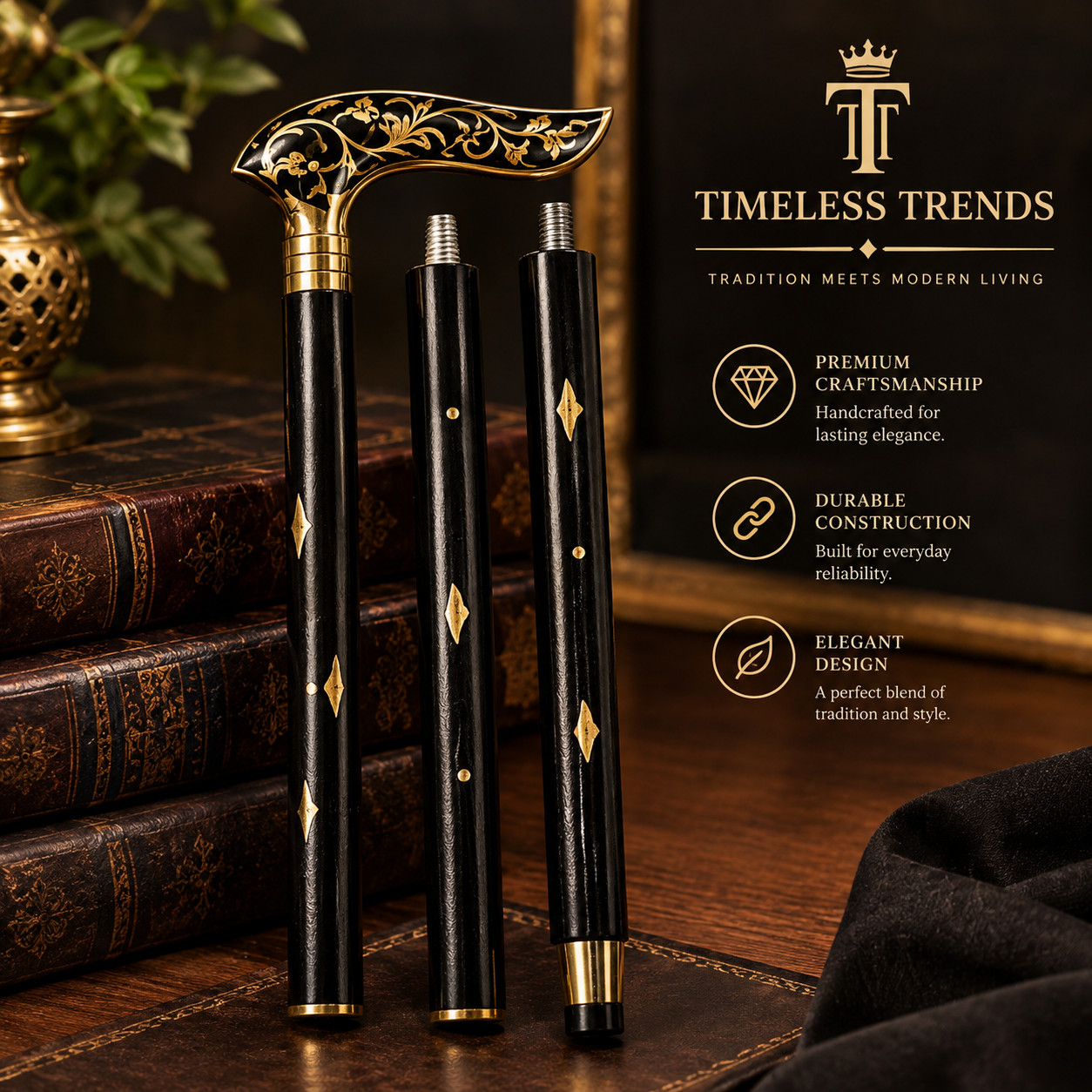 Brass Floral Derby Walking Cane Black Wooden Shaft 3 Piece Disassembling Stick Brass Floral Derby Walking Cane Black Wooden Shaft 3 Piece Disassembling Stick