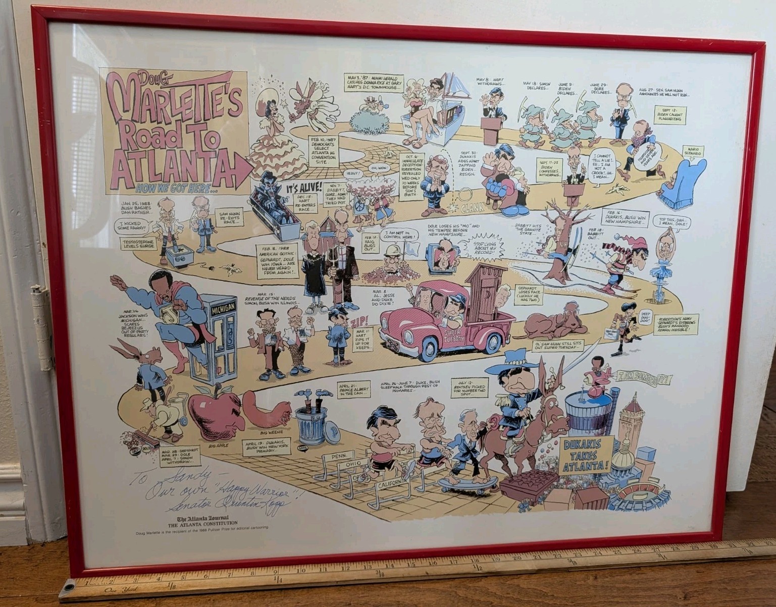 1988 Political Cartoon Doug Marlette\'s Road Atlanta Dukakis Signed Quentin Kopp