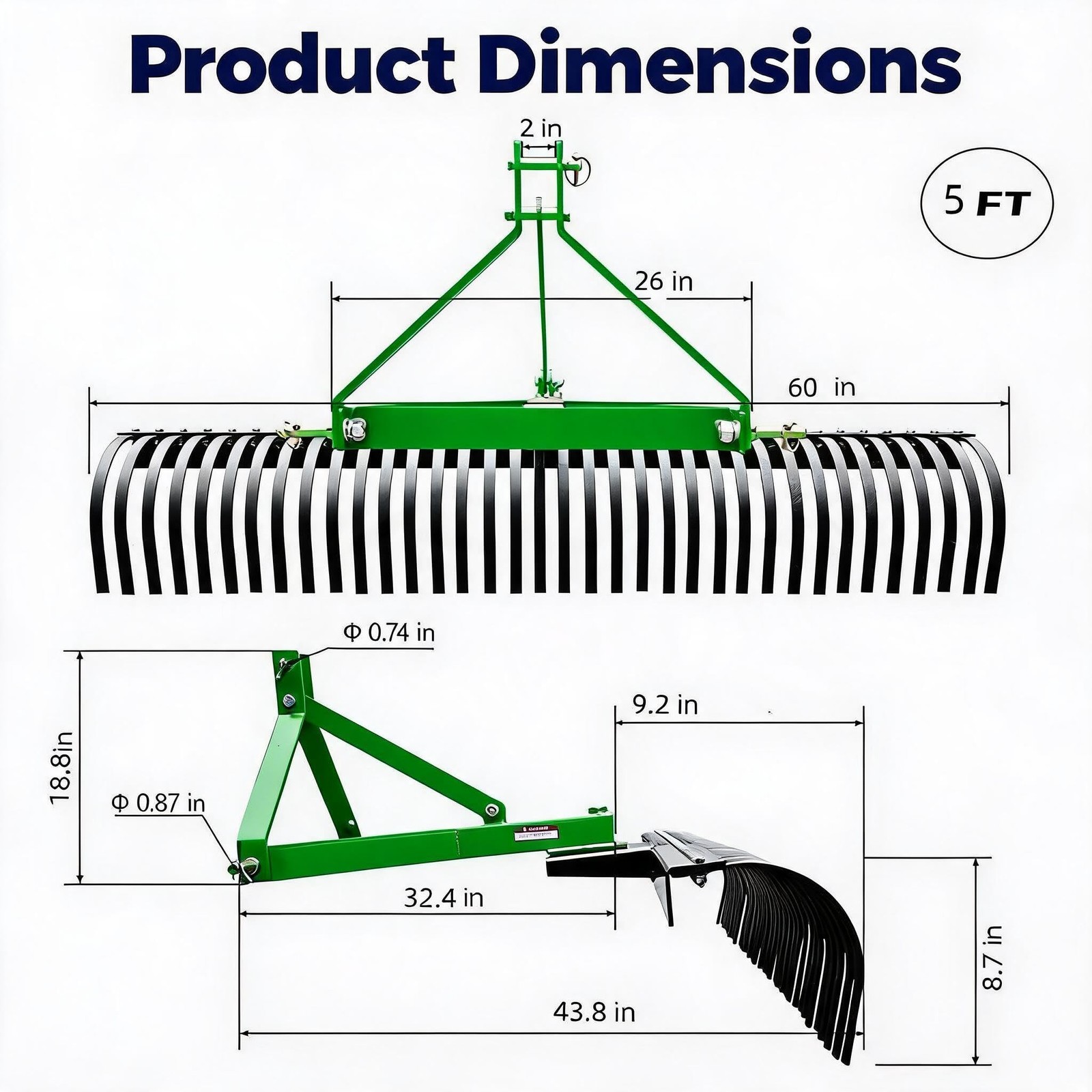 5 FT 60 IN Heavy Duty 360° Rotation Rake for Tractors for CAT 1/2 W/ 30 Tines 5 FT 60 IN Heavy Duty 360° Rotation Rake for Tractors for CAT 1/2 W/ 30 Tines