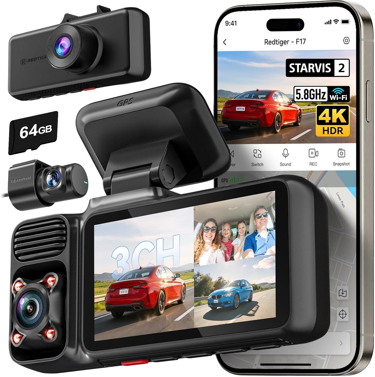REDTIGER F17 4K 3CH Dash Cam, STARVIS 2 Sensor HDR, 64GB Card, 5.8GHz WiFi REDTIGER F17 4K 3CH Dash Cam, STARVIS 2 Sensor HDR, 64GB Card, 5.8GHz WiFi