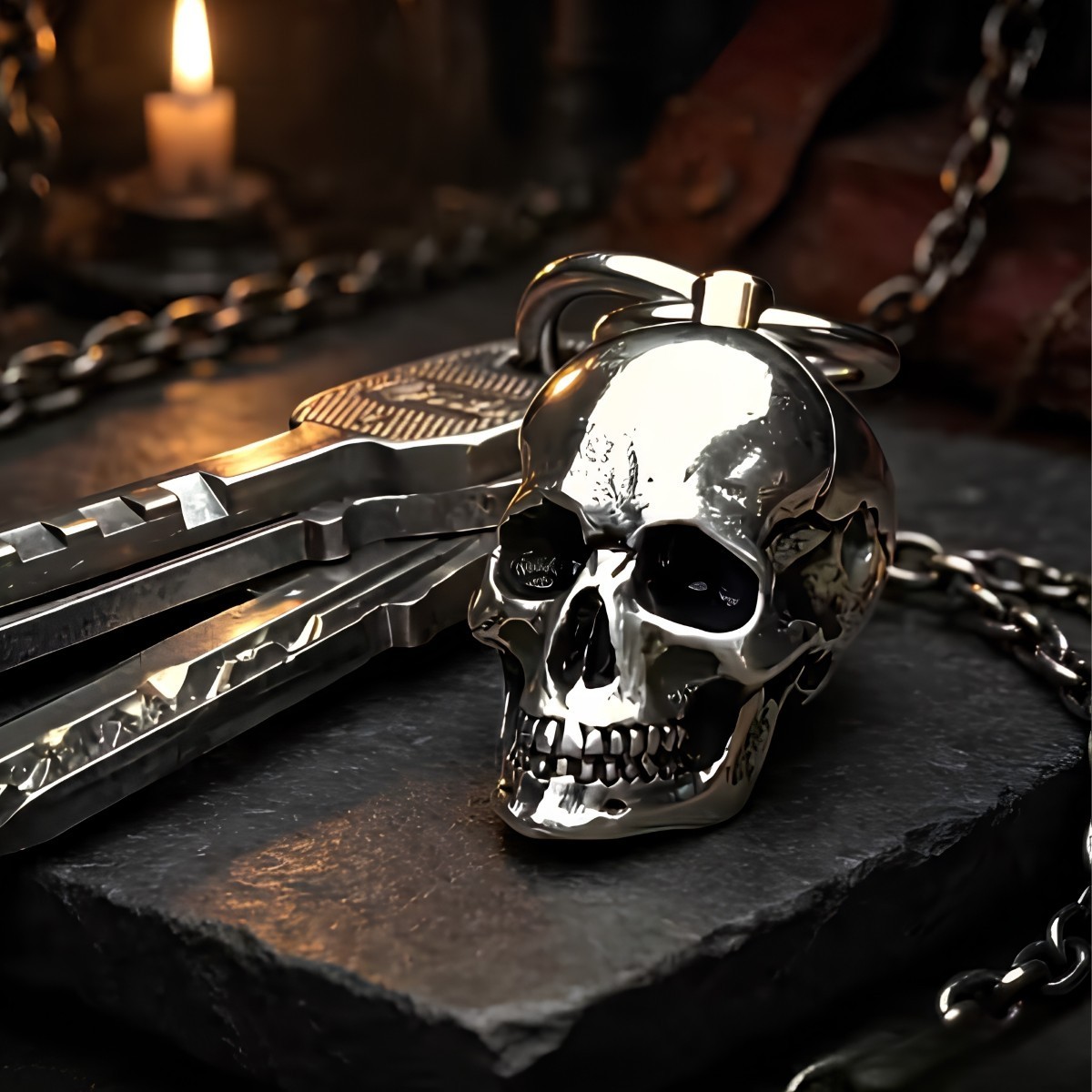 Skull Keychain Steely Heavy Metal Bike Accent