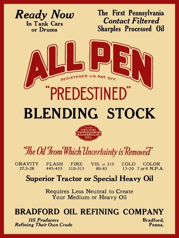 1927 Bradford Pennsylvania Oil Refining ALL PEN Heavy Oil NEW METAL SIGN: 9x12