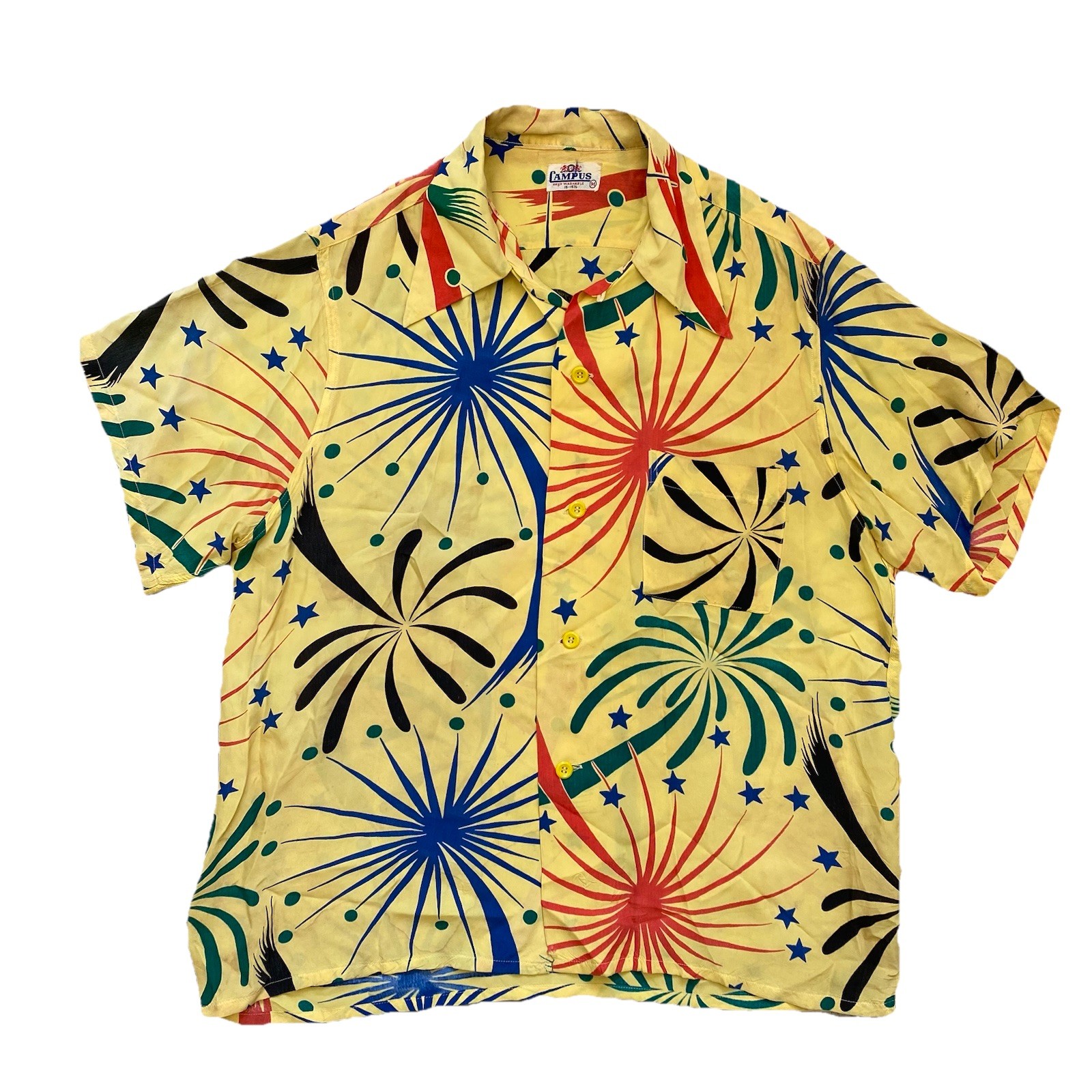 Vintage Campus Rayon Shirt Atomic Yellow Fireworks 40s 50s Loop Short Sl G2U