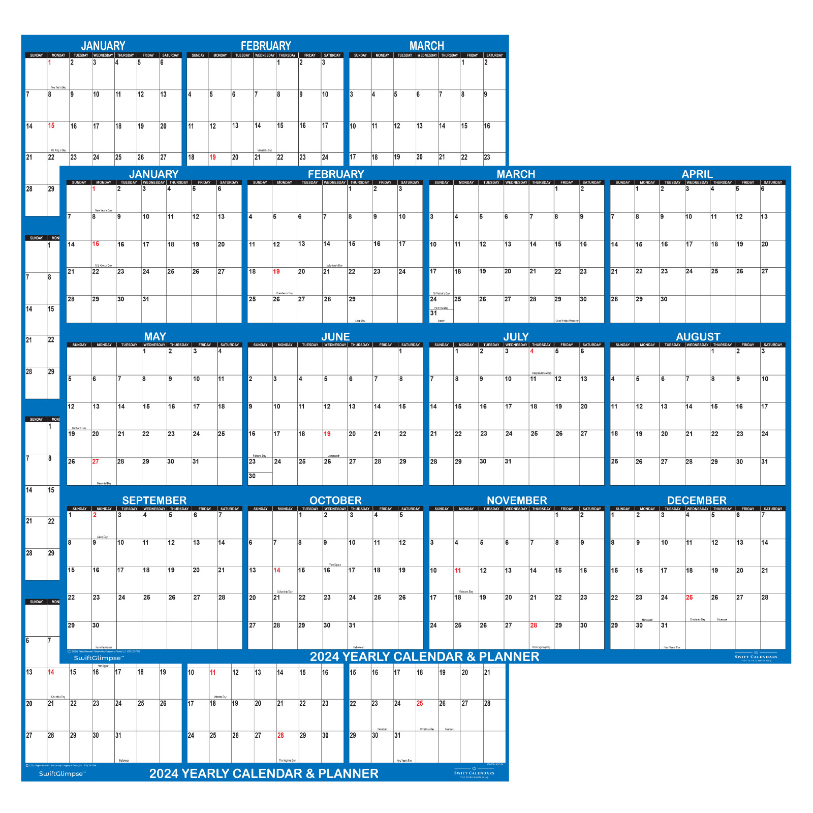 24x36 SwiftGlimpse FOLDED 2027 Large Wall Calendar, Planner, Erasable - NAVY