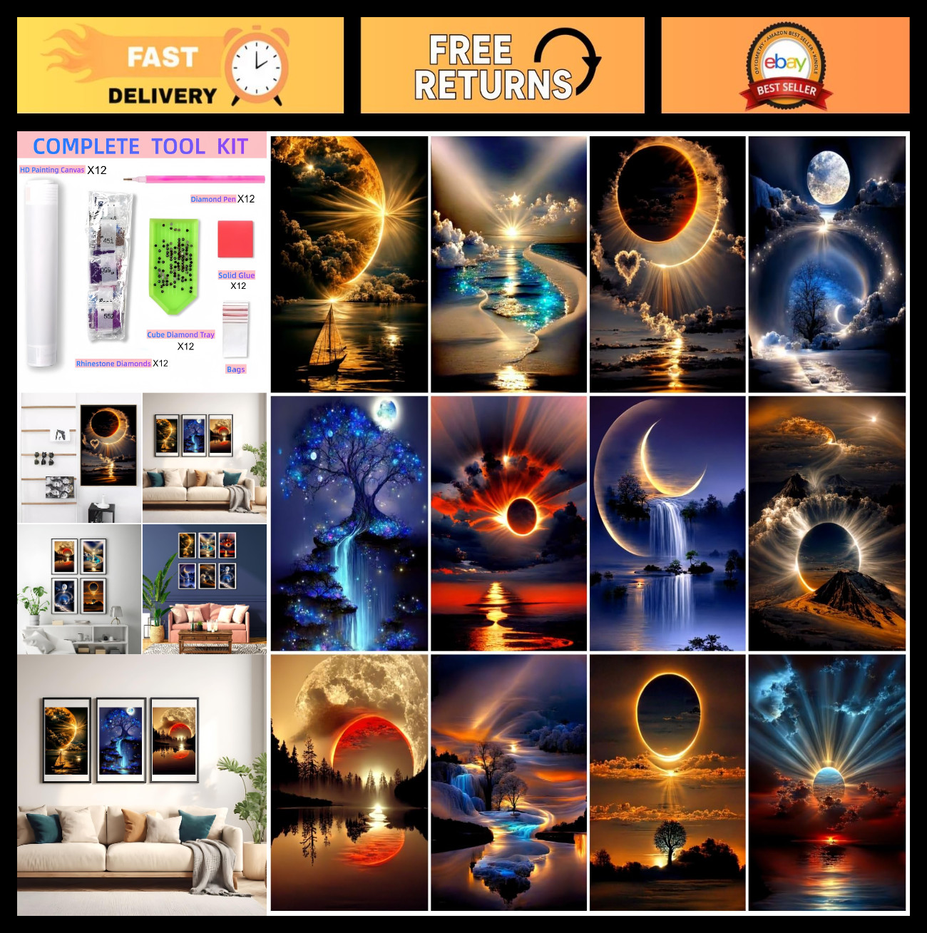 12 Pack 5D Diamond Painting Kits for Adults | Sunset Landscape DIY Art Set, Home