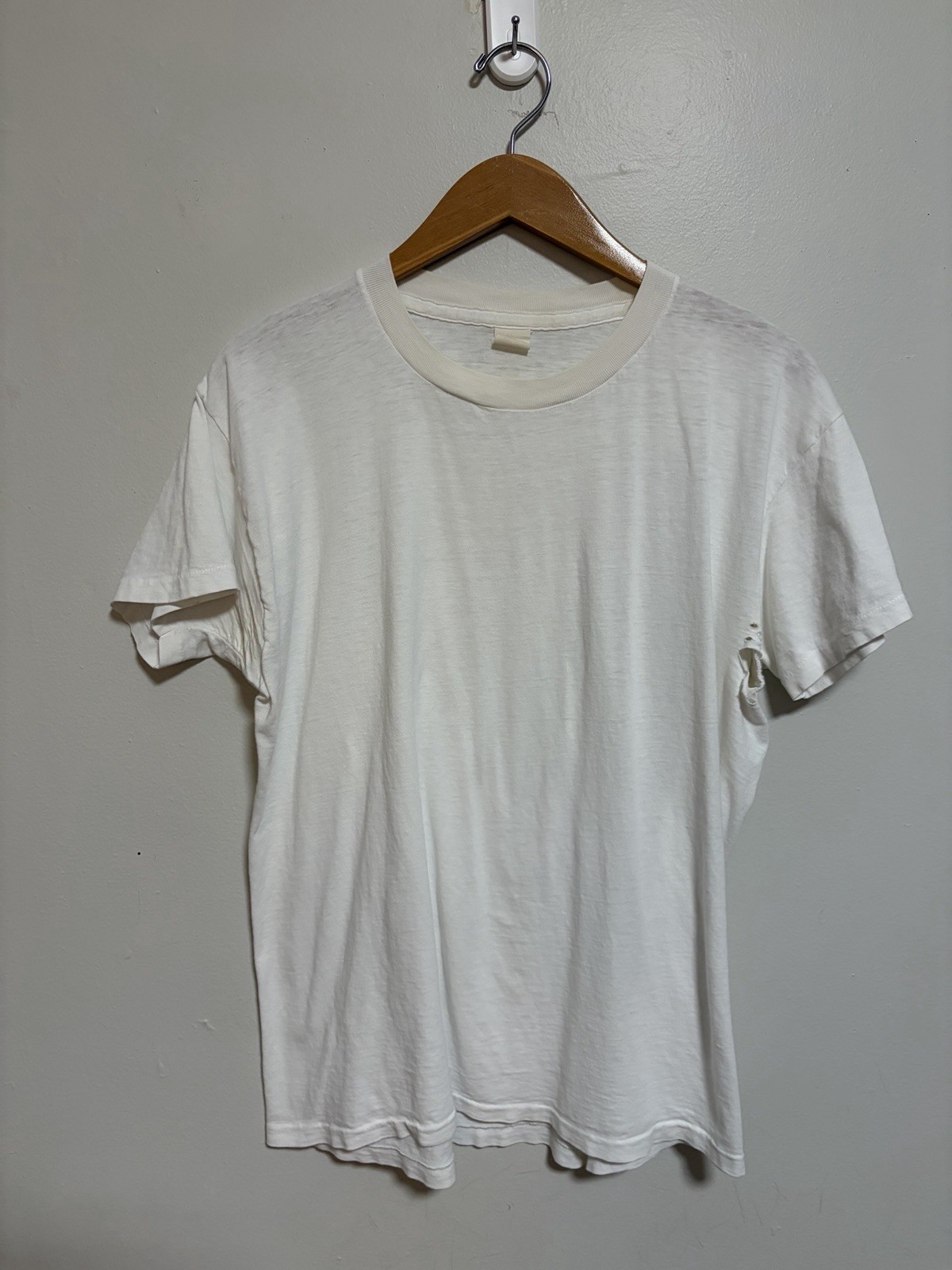 Vintage 1970s Paper Thin Burnout Thrashed Blank White Cotton Soft T Shirt Medium
