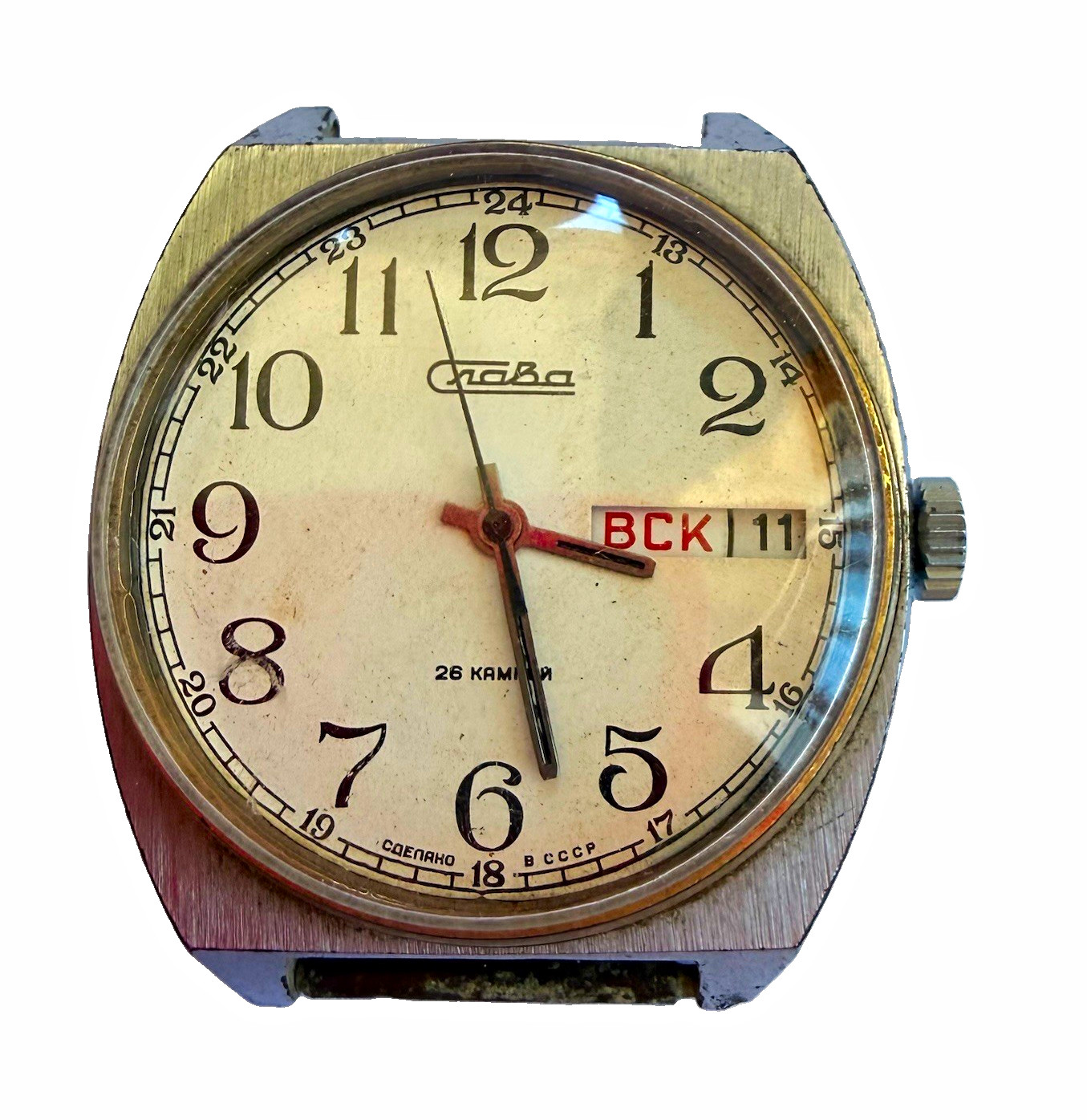 Slava vintage manual wind mechanical wristwatch 26 jewels date white dial arabic