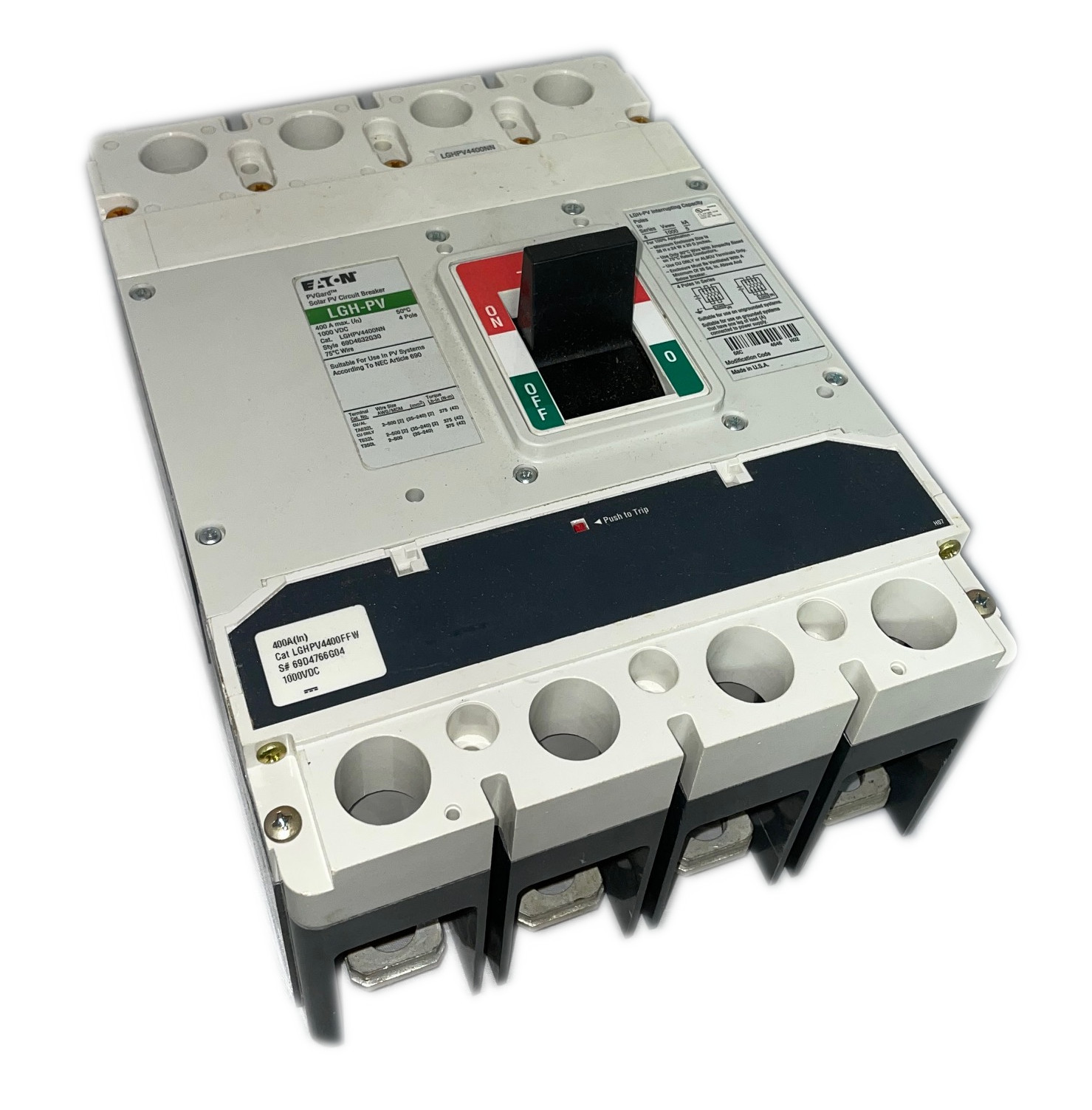 Eaton LGHPV4400NN Circuit Breaker, 4-Pole, 400A, 1000 Vdc, 80% Rated, PV Guard