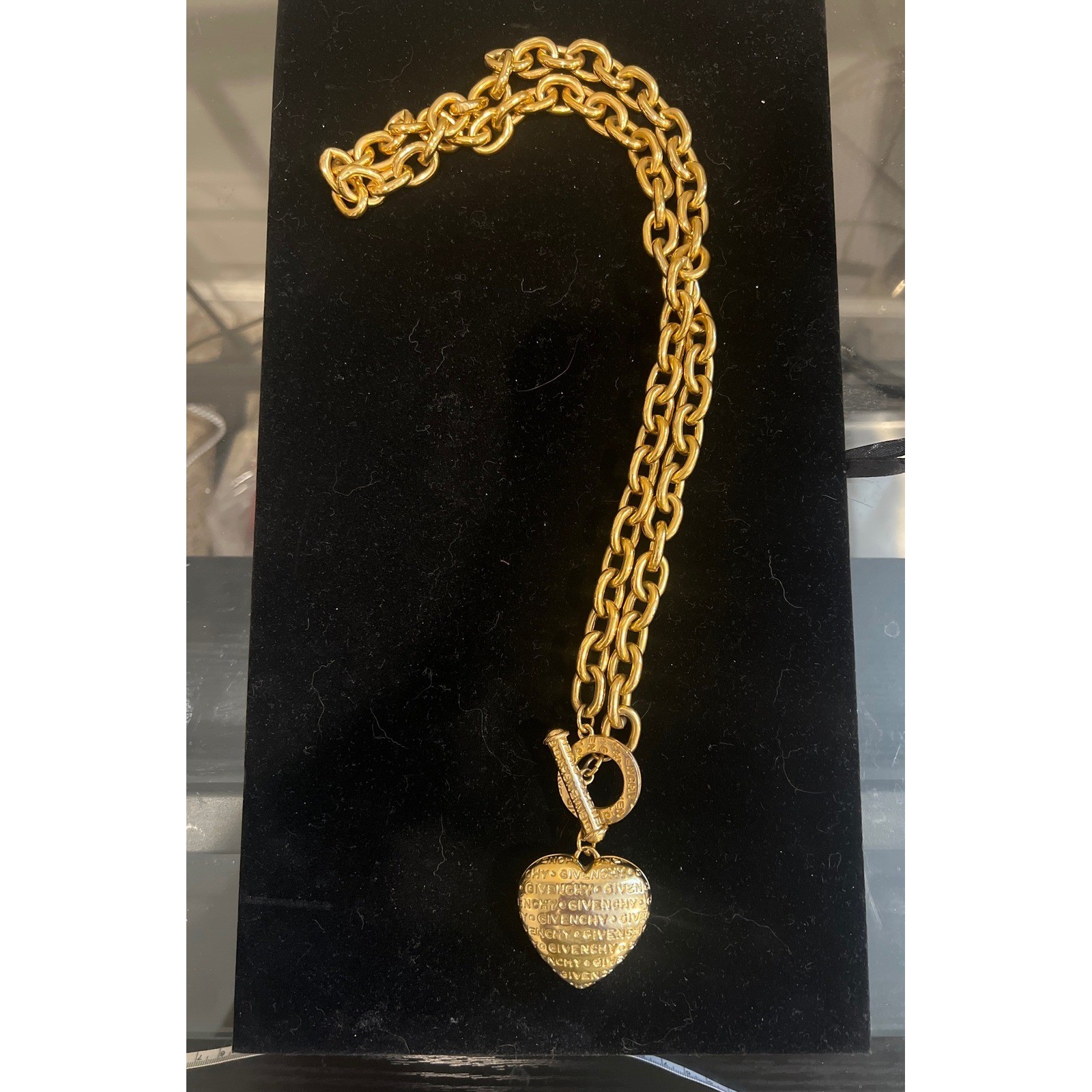 Vtg Runway Givenchy Gold Chunky Link Necklace Puffed Logo Heart Toggle Clasp 27\