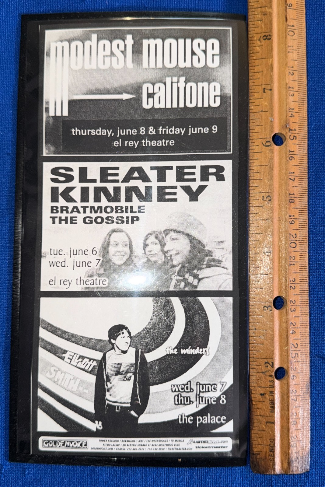 VTG ORIG Goldenvoice Elliott Smith/Sleater Kinney HANDBILL/FRIDGE MAGNET FRAME