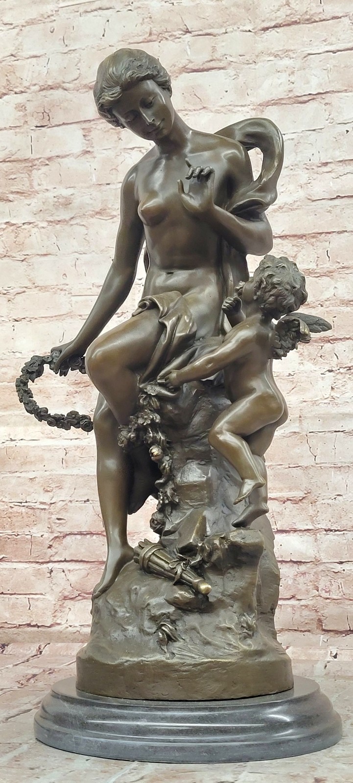 Signed Math. Moreau, Bronze Sculpture Venus w/Cherub \