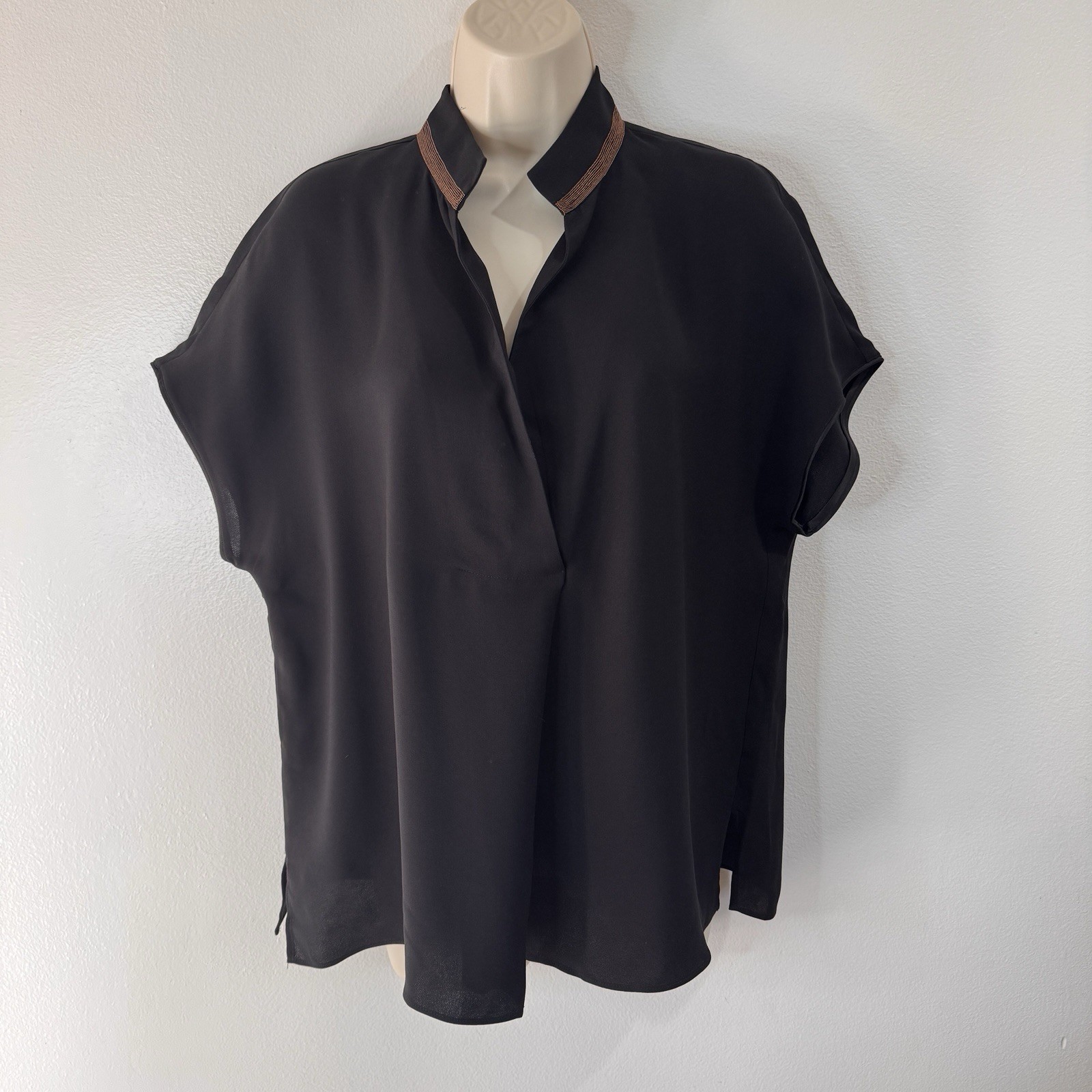 Lafayette 148 New York Shirt Blouse M 100% Silk Chiffon Black Bronze Trim V-neck Lafayette 148 New York Shirt Blouse M 100% Silk Chiffon Black Bronze Trim V-neck