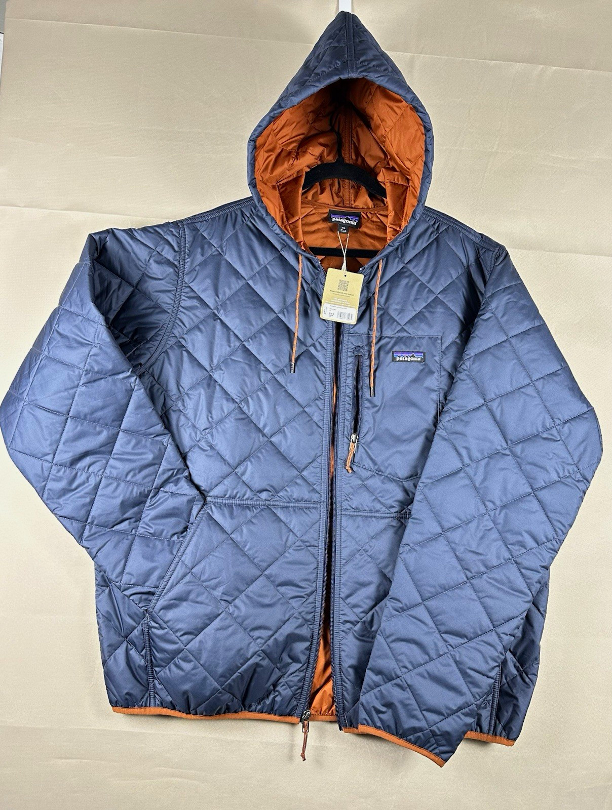 NWT Patagonia Men’s Hooded Quilted Bomber Jacket Full Zip Blue/Orange 2XL