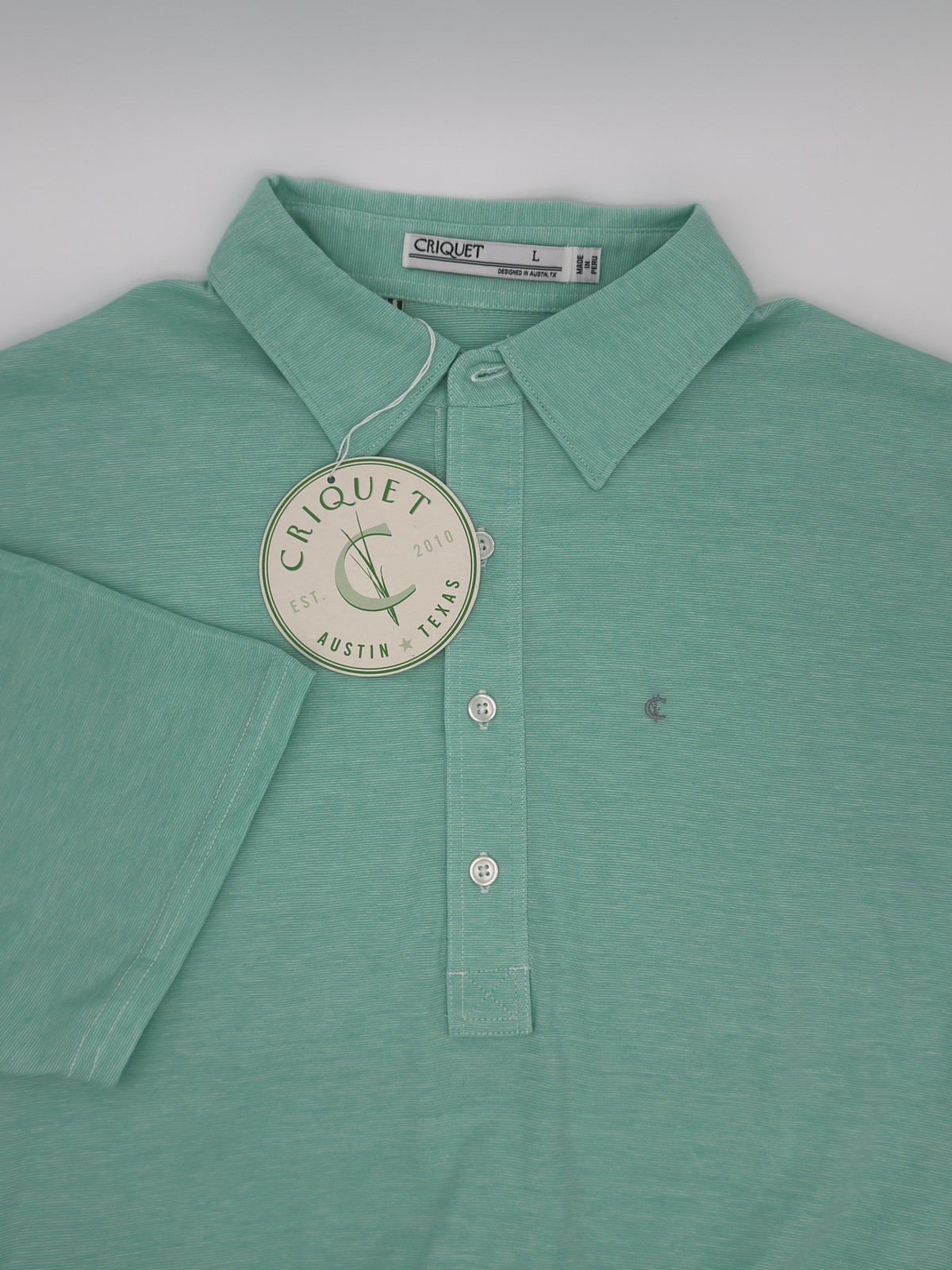 Criquet Polo Shirt Mens L Green Micro Stripe NWT 100% Organic Cotton Golf Tee Criquet Polo Shirt Mens L Green Micro Stripe NWT 100% Organic Cotton Golf Tee