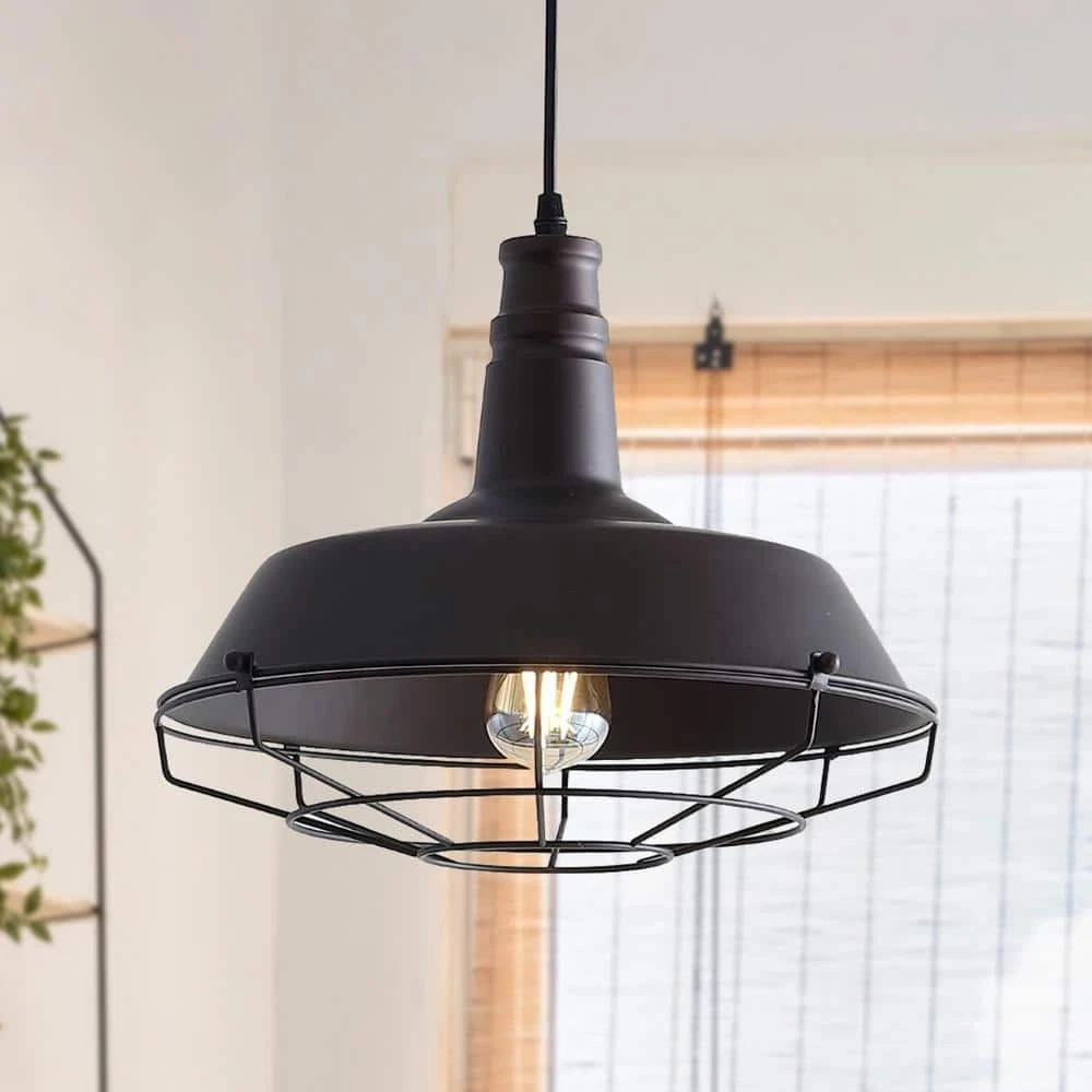 Jonathan Y Farmhouse 14.25 in. 1-Light Oiled Bronze Industrial Metal LED Pendant