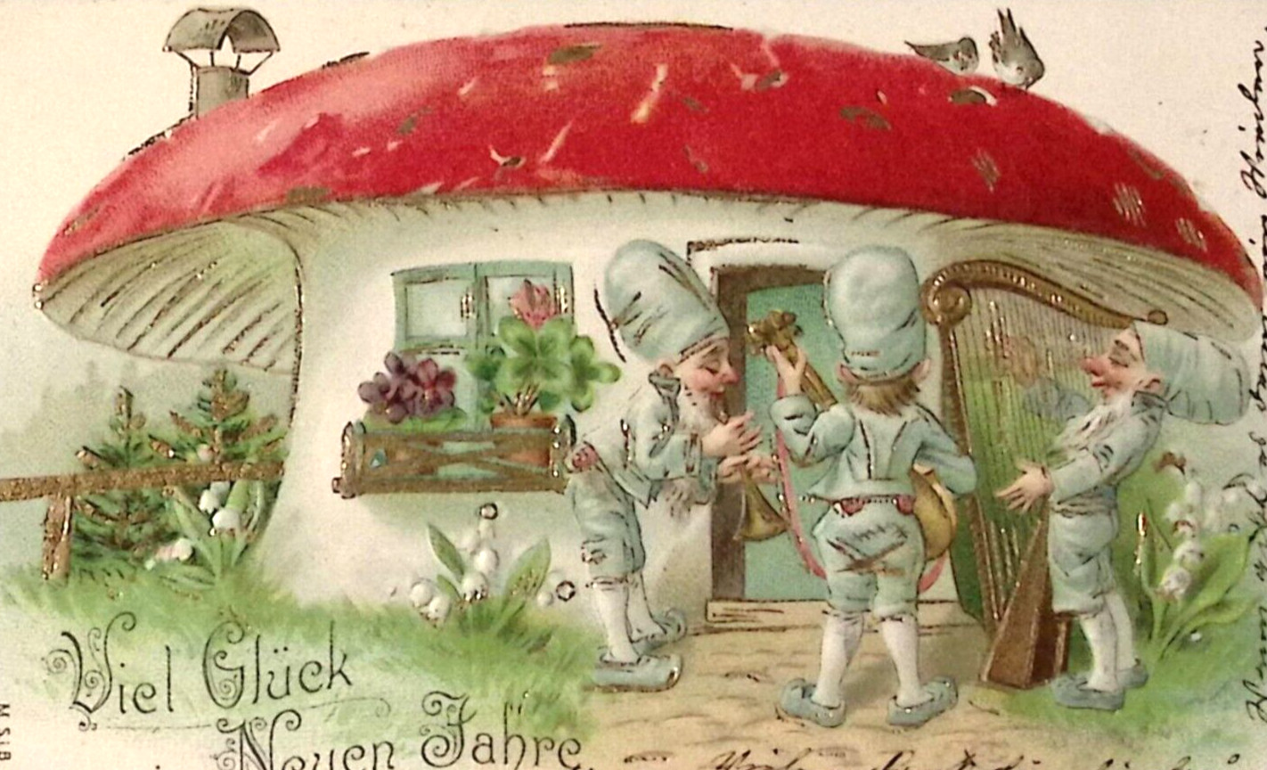 c1910 GERMANY New Year Postcard Toadstool House Elf Band Plays Harp Horn Guitar