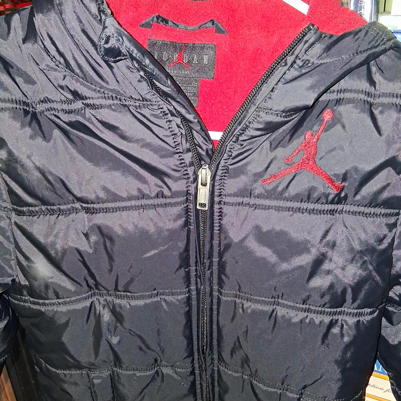 Jordan Boys Hooded Puffer Jacket Black/Red Fleece Lined Full Zip Size S